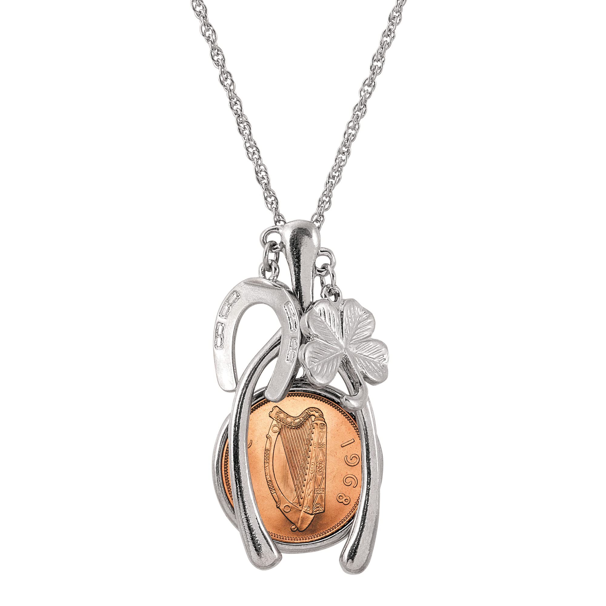 Lucky Irish Penny Silvertone Wish Bone Pendant Necklace