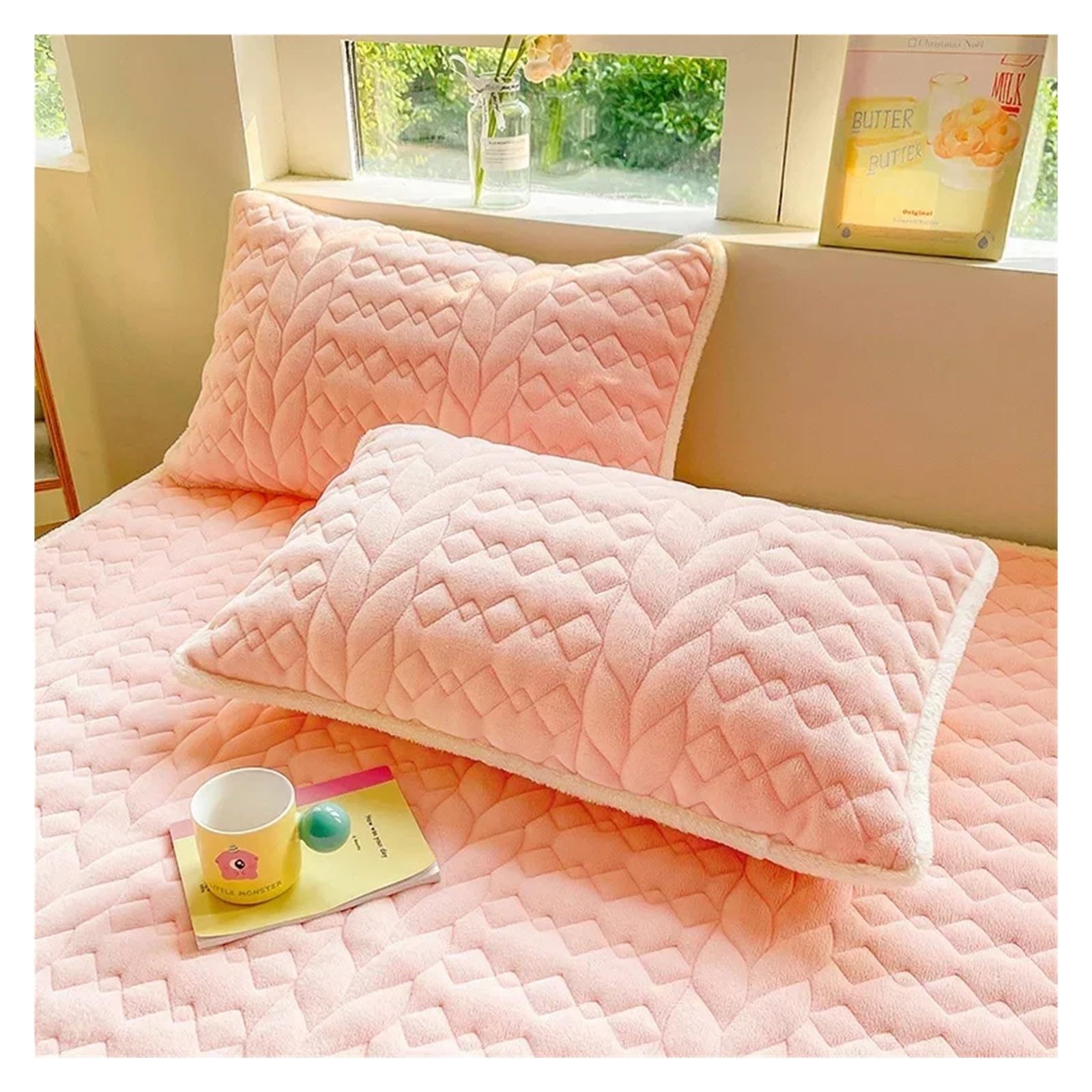 Leche Polar algodón Acolchado Clase Cama Falda colchón Bola de Pelo Cubierta Protectora de colchón Engrosada Color sólido 47(Pink,150x200cm 1pcs)