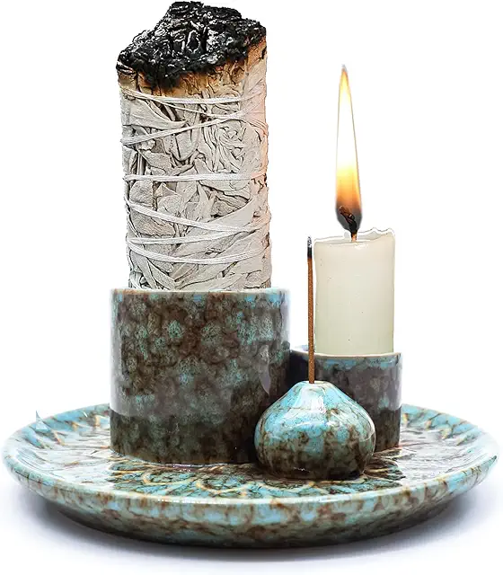 Blue Ceramic Brass Incense Burner Holder Tray - 4-in-1 Multifunctional