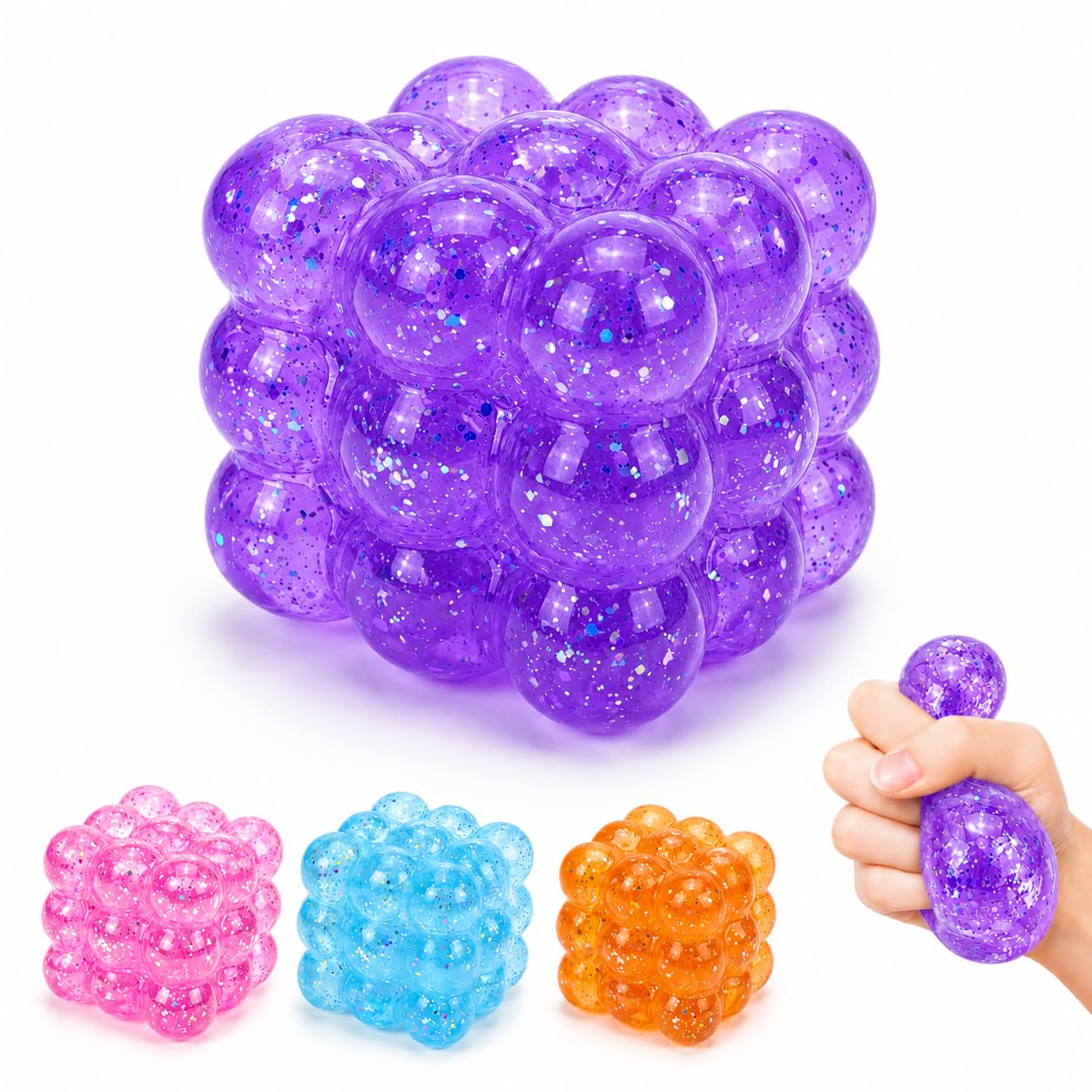 Glitter Squishy Ice Cube Toys, Slow Rising Stress Reliefll Ball, Sensory Fidget Toys for Anxiety Stress Relief, Square Shape Squeeze Toy for Adults Kids, Classroom Prizes, Party Favors (purple) — image 1