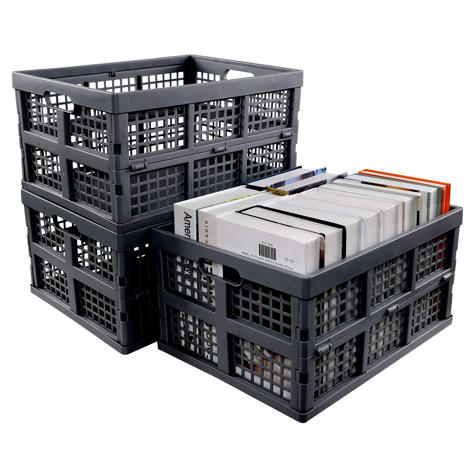Tyminin3 x 30L Plastic Folding Storage Container Basket Crate Box, Collapsible Stacking Basket, Grey, F
