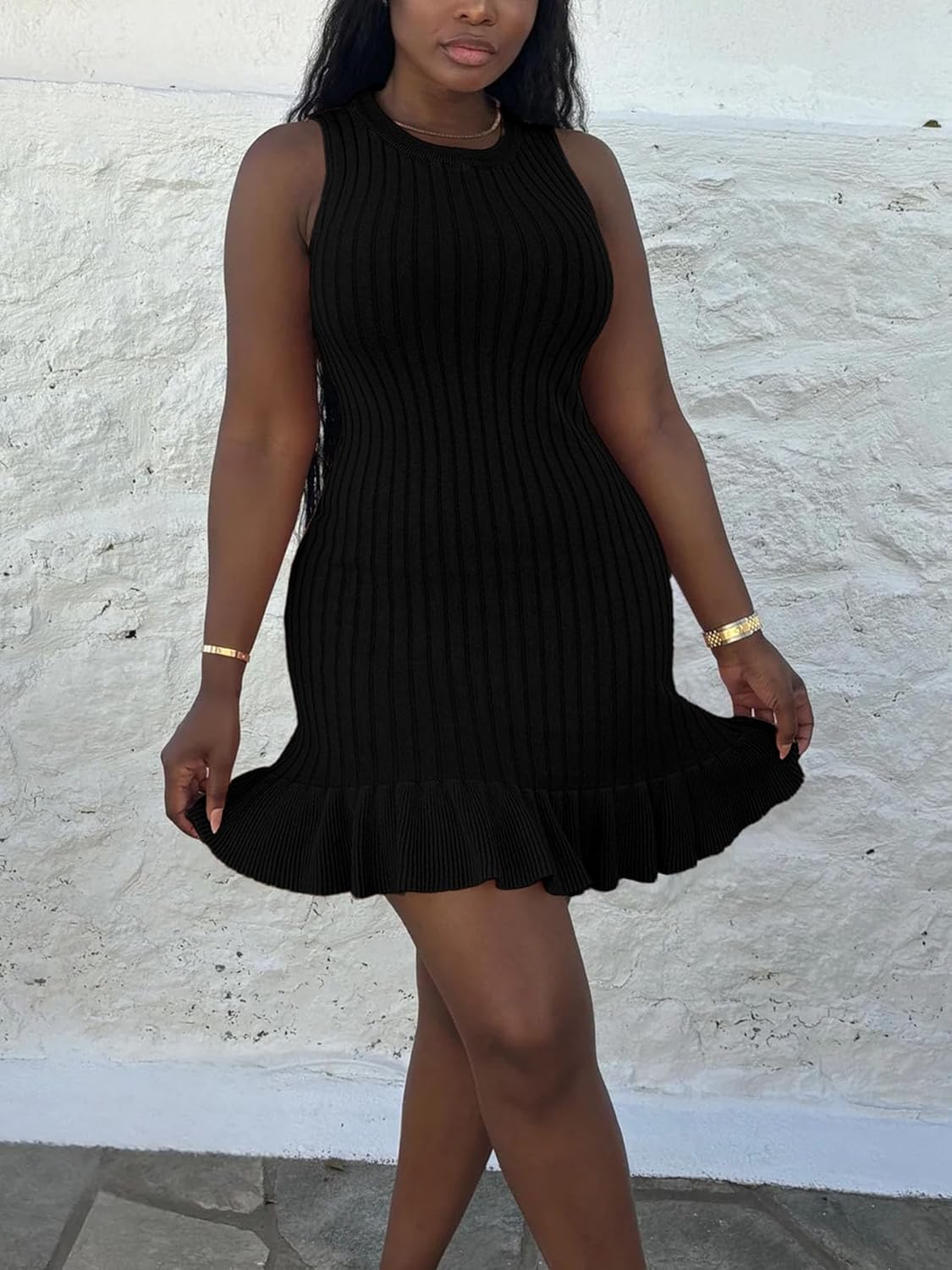 Nimsruc Women Summer Tank Dresses Sleeveless Crew Neck Casual Bodycon Mini Dress with Ruffle Hem - Image 4