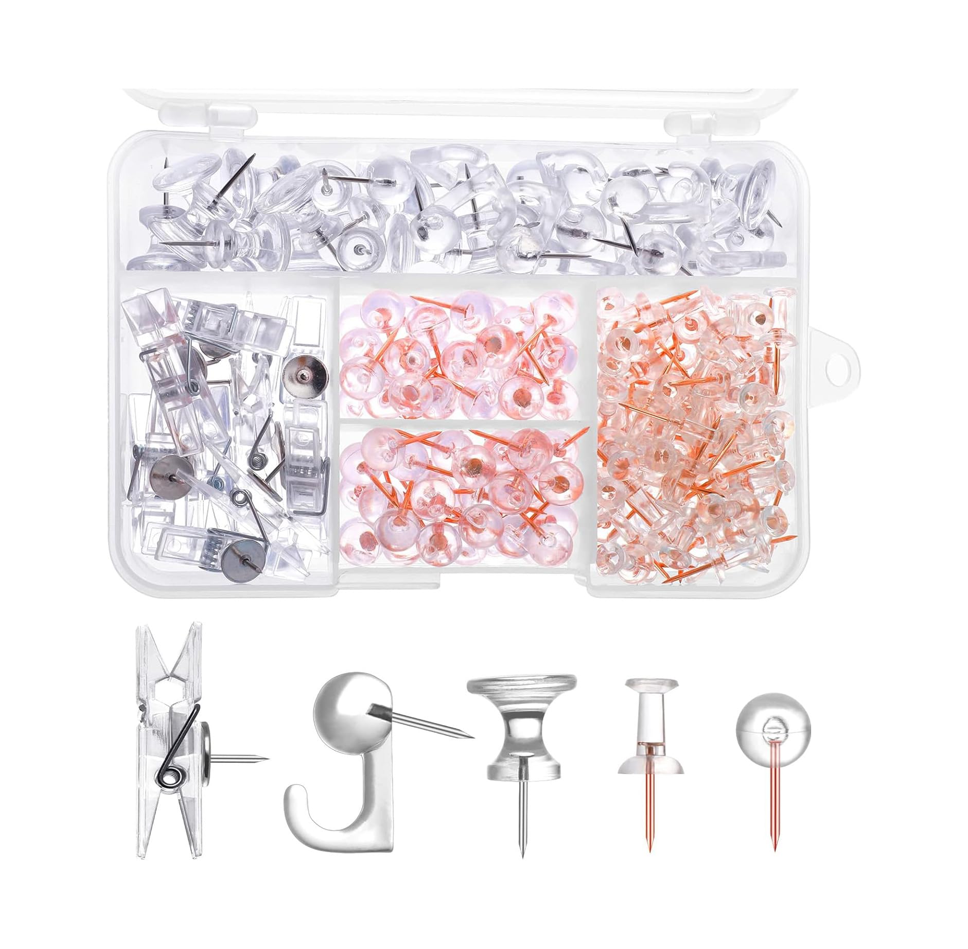 200 Pieces Push Pins Set, 5 Types Clear Thumb Tacks Push Pins for Wall Cork Board Bulletin Boards with Storage Box