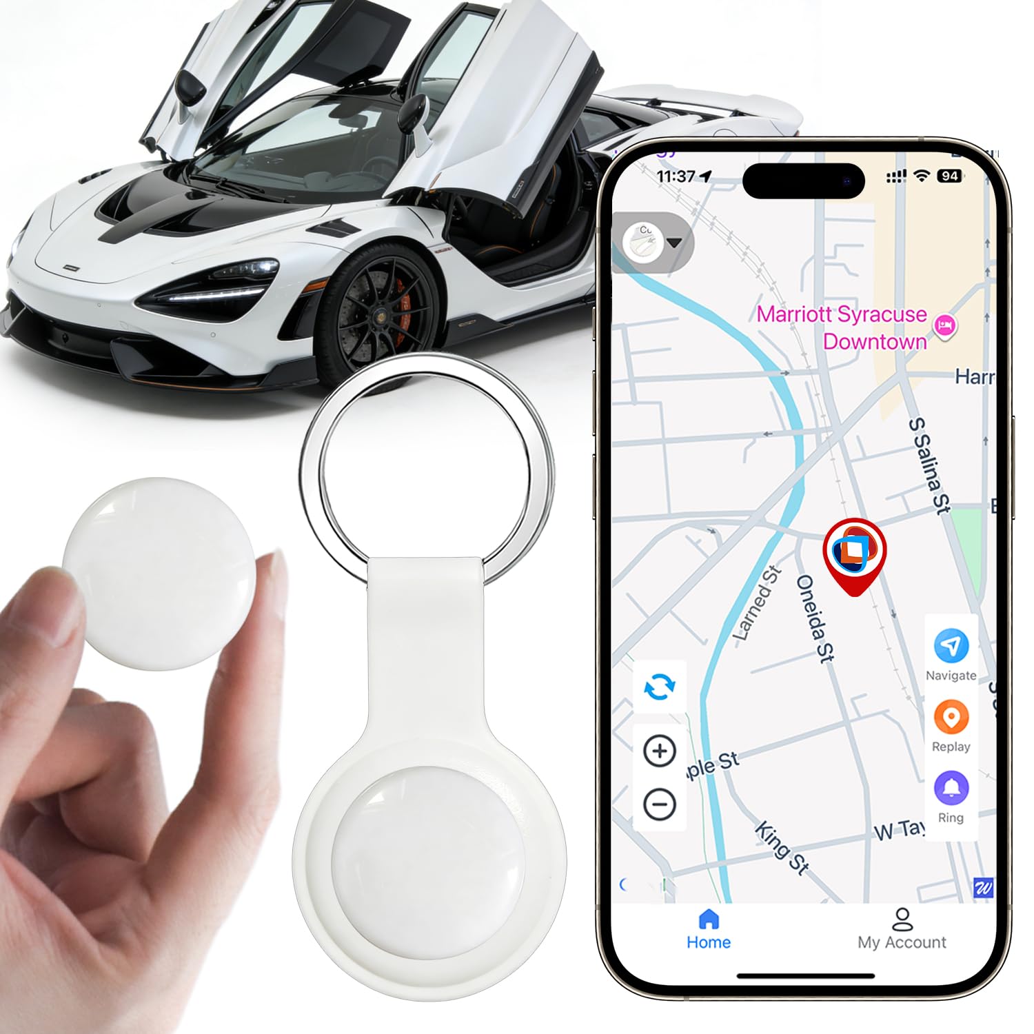 GPS Tracker for Vehicles and Cars, Real-Time Location Tracking Device, No SIM Card No Subscription, No Monthly Fee, Long Standby Waterproof Tracker for Pets, Dogs & Valuables (Android & iOS)-White