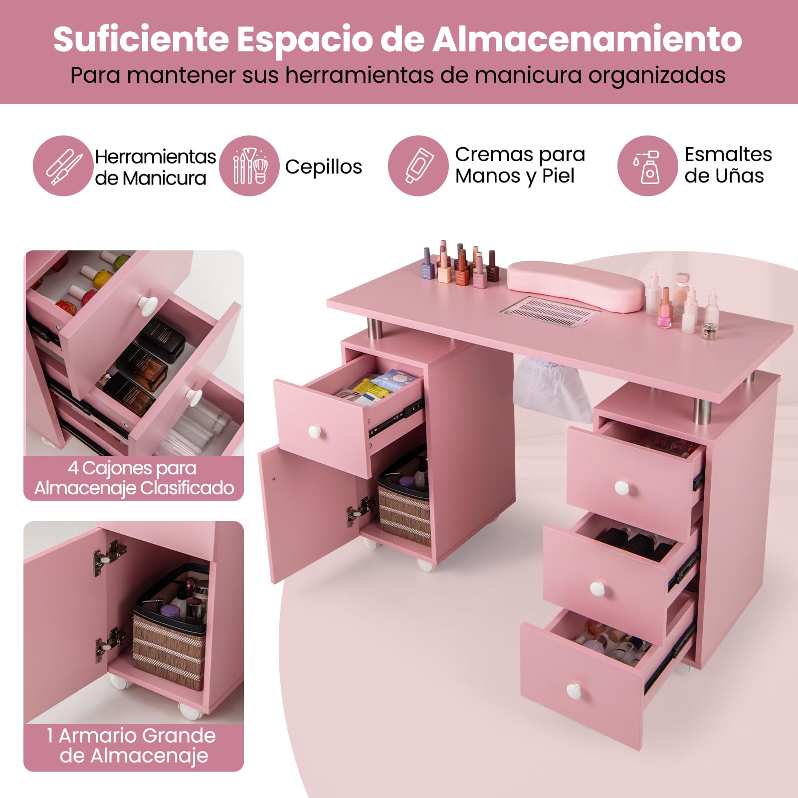 COSTWAY Mesa de Manicura con Aspirador Eléctrico, 3 Bolsas para Polvo, Reposamuñecas, 6 Cajones, Mesa para Uñas con 8 Ruedas, Mesa Manicura Profesional para Salones de Belleza, 108x45x76 cm (Rosa)