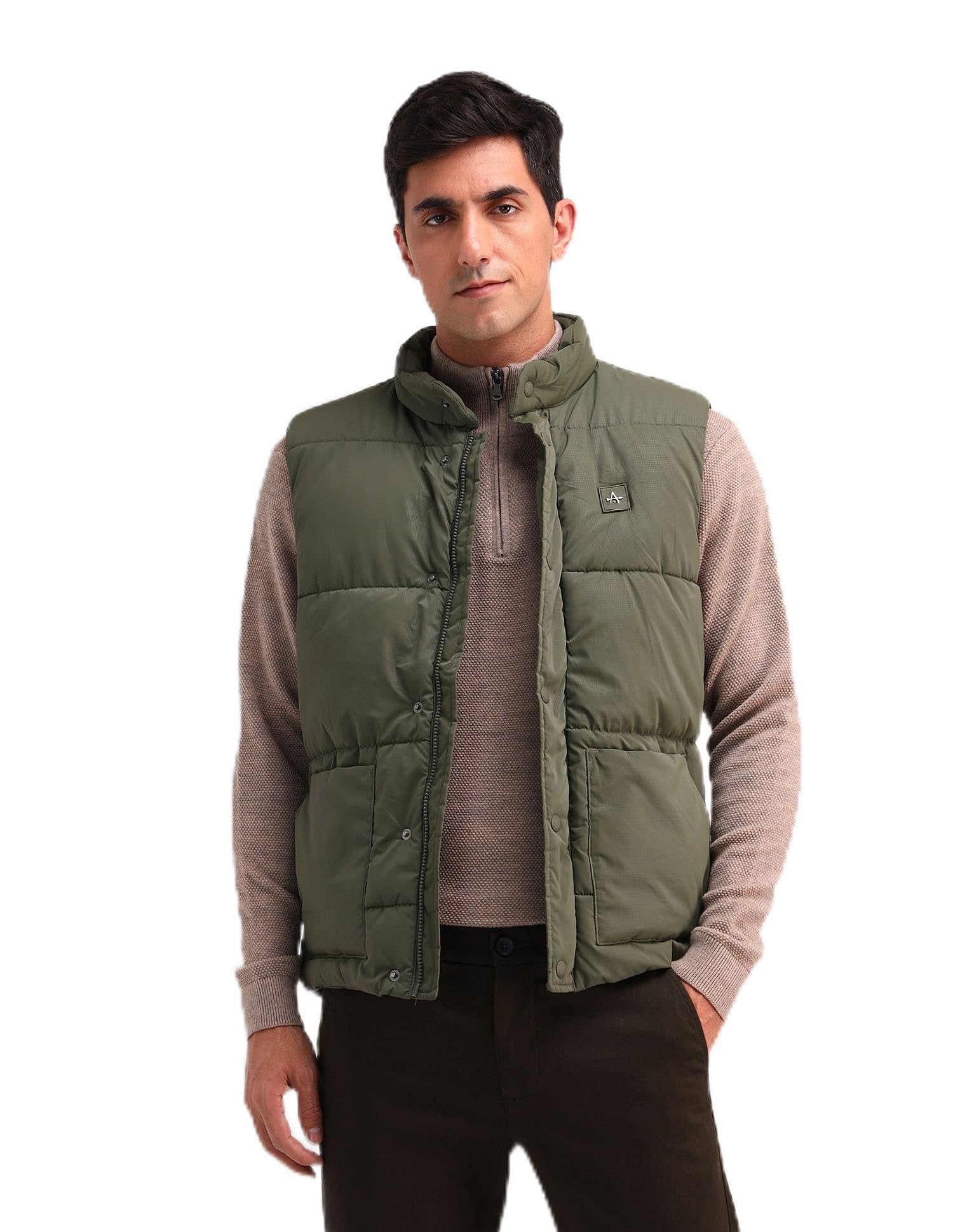 mens green solid sleeveless polyester classic jacket