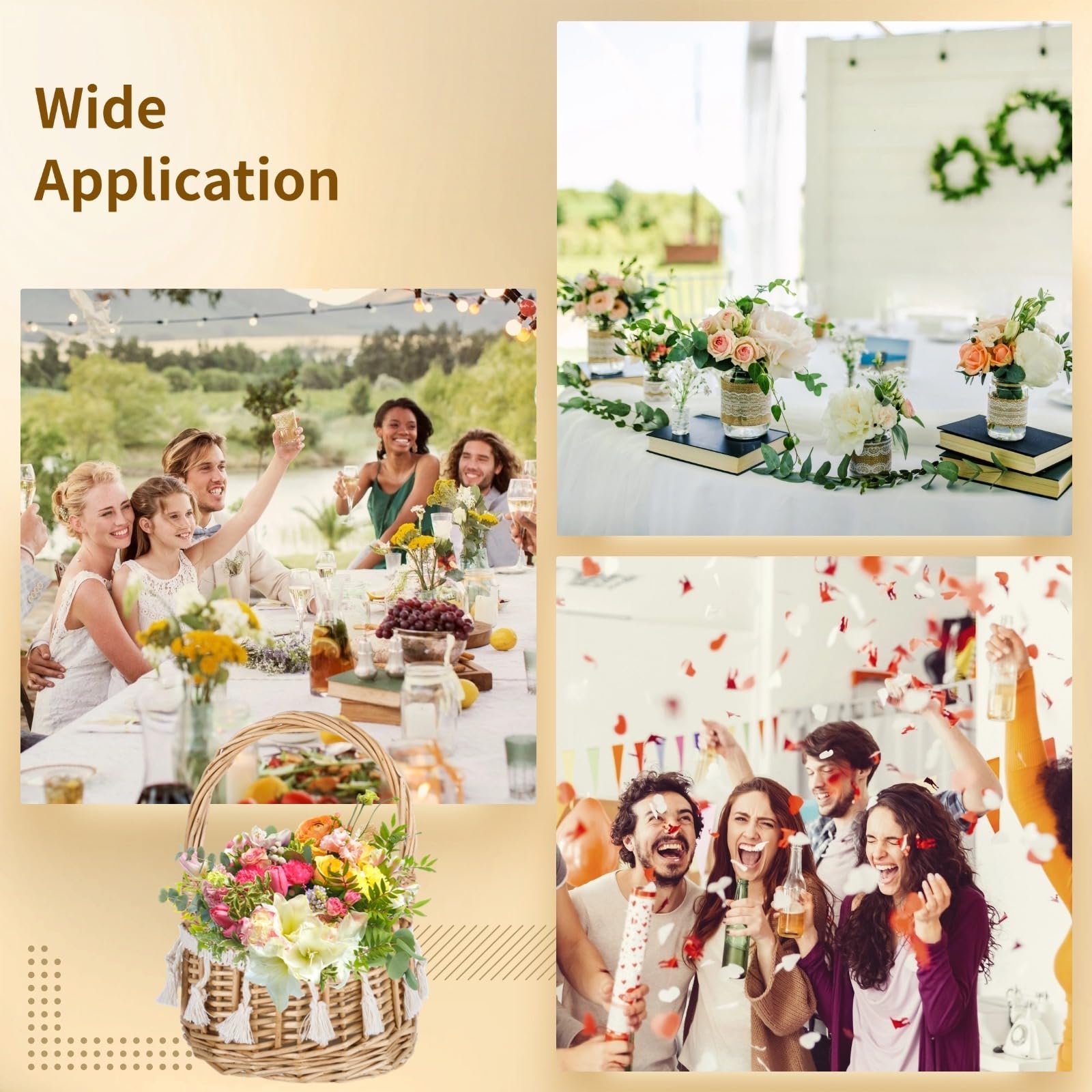 4 kosze na kwiaty z uchwytem, wiklinowe, rattanowe, lekkie kosze kwiatowe, ręcznie tkane, do ogrodnictwa, imprez festiwalowych, wesel, baby shower, przenoszenia prezentów i smakołyków, 4 szt