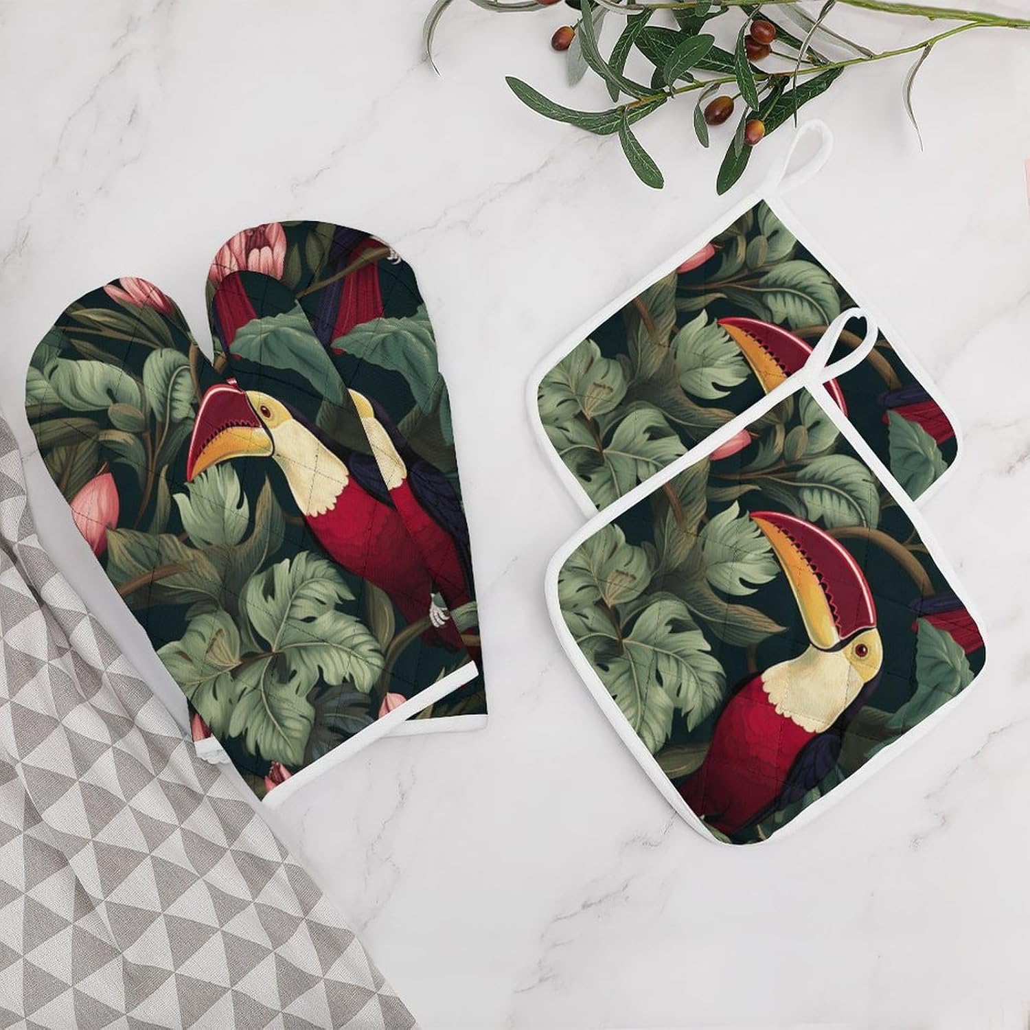 Toucan 4 Pcs Oven Mitts and Pot Holders Set High Heat Resistant Long Kitchen Oven Glove Potholders