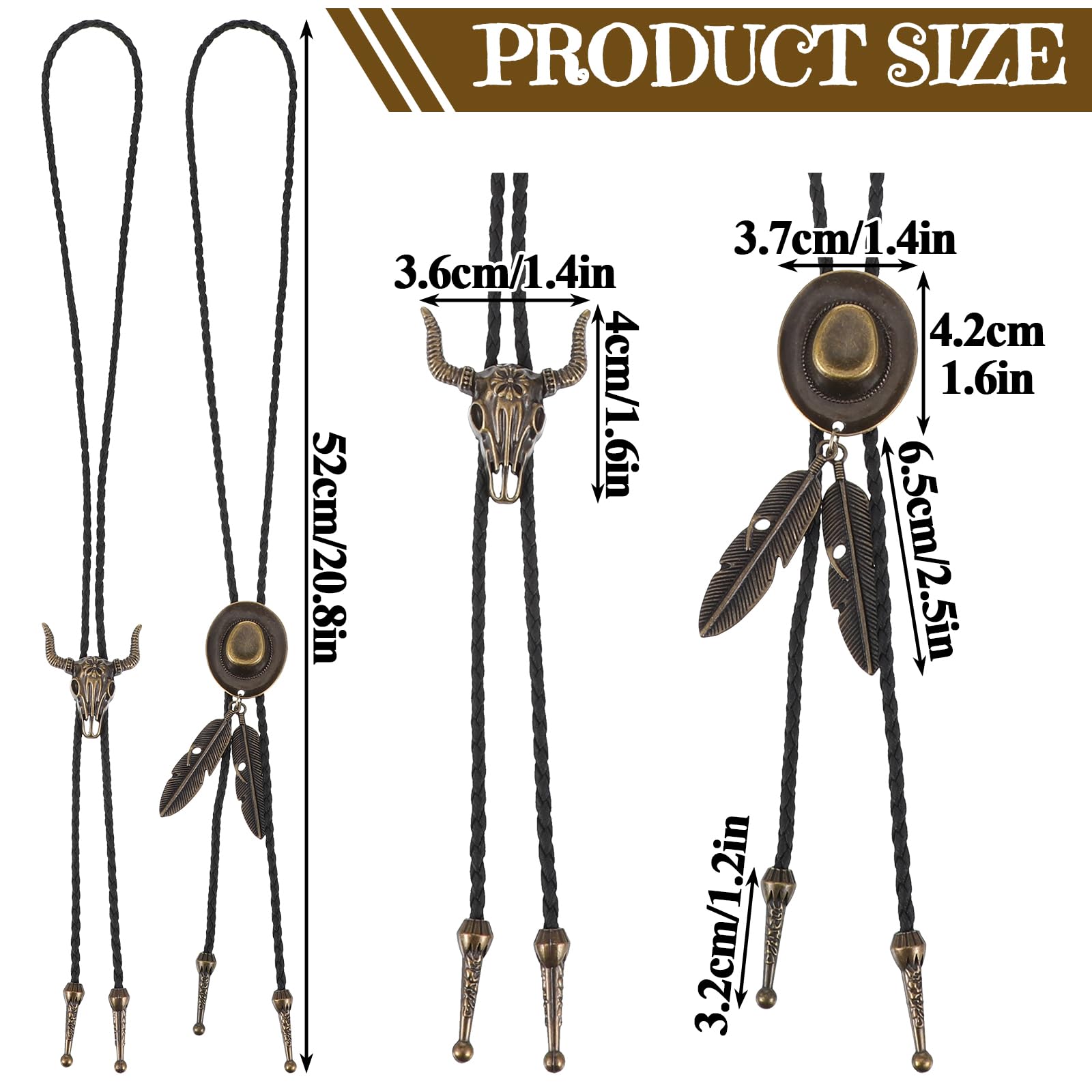 Lot de 2 cravates bolo, style western cowboy et cowgirl, en cuir vintage, fait main, avec pendentif en plumes, pour homme et femme