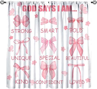 Rose Pink Bow Curtains, God Says I Am Inspirational Quotes Pink Heart Flowers Coquette Aesthetic Window Drapes for Girls Princess Bedroom Party, 42x45in No Blackout