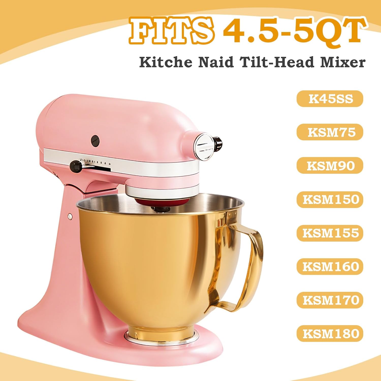 5 Quart Mixing Bowl for KitchenAid Stand Mixers, Food-Grade Stainless Steel Bowl with Handle & Clasp, Compatible with Tilt-Head 4.5–5 Qt Models – Fits K45, K45SS, KSM75, KSM150, KSM95 (Gold, 5QT)
