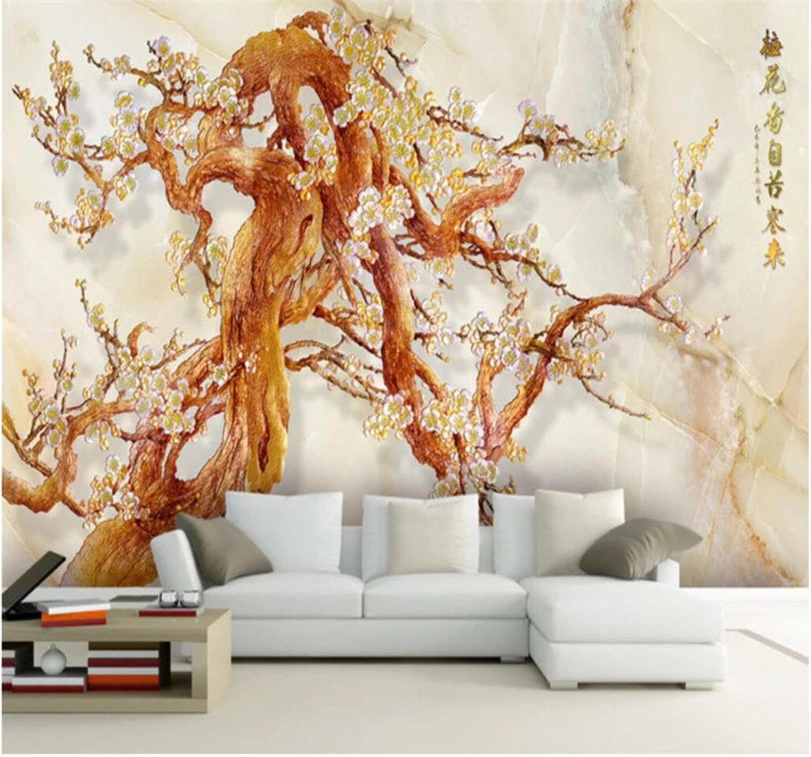 Relief Creative Ancient Tree Plum Blossoms Marble Effect 3D Wallpaper Easy Install Feature Office Living Room Sofa Bedroom TV Background Wall Decoration-250cm×170cm