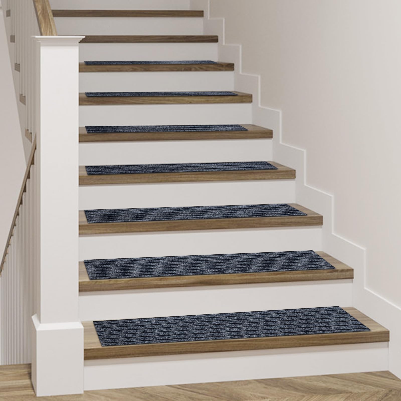 Lot de 15 tapis d'escalier intérieur antidérapants 22 x 70 cm en polyester avec dos en TPE autocollant pour enfants, personnes âgées et animaux domestiques (gris avec rayures noires)