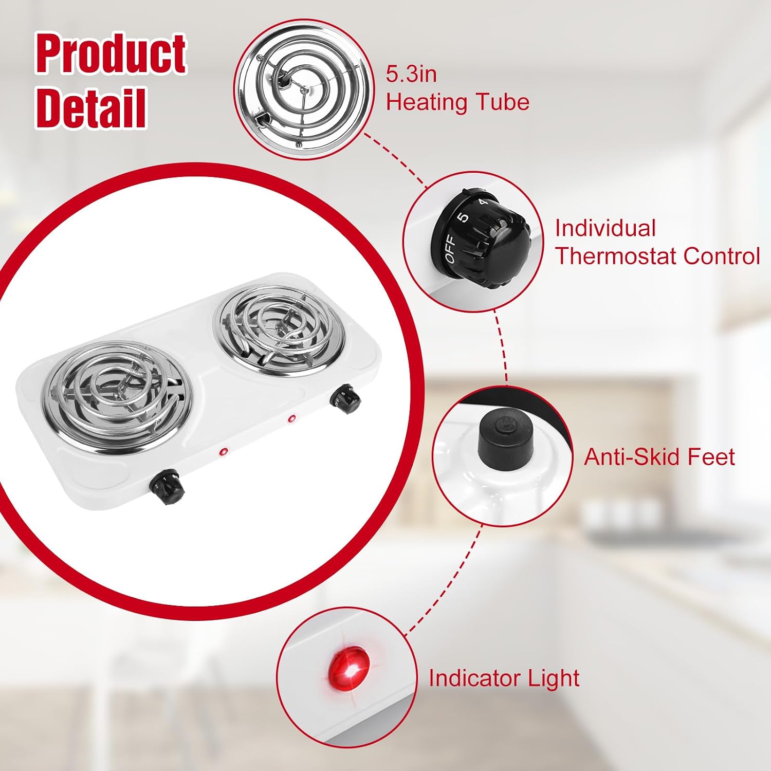 2000W Electric Hot Plate,Portable Electric Stove Countertop Double Coil Burners W/Dual Control&5 Level Temperature Control, Easy to Clean,Lightweight Cast Iron Countertop Stove for Home Camp RV 110V