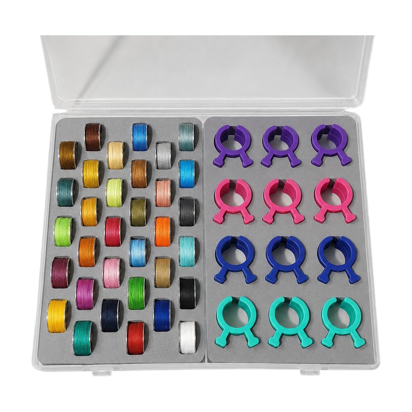 Portable Sewing Notions Set with Thread Spools, Bobbin Clips, Clear Storage Case, 45 Piece Multicolor Assortment for Crafting, Routine Mends, Small Repairs Hand Sewing Thread Assortment Bobbin Holders