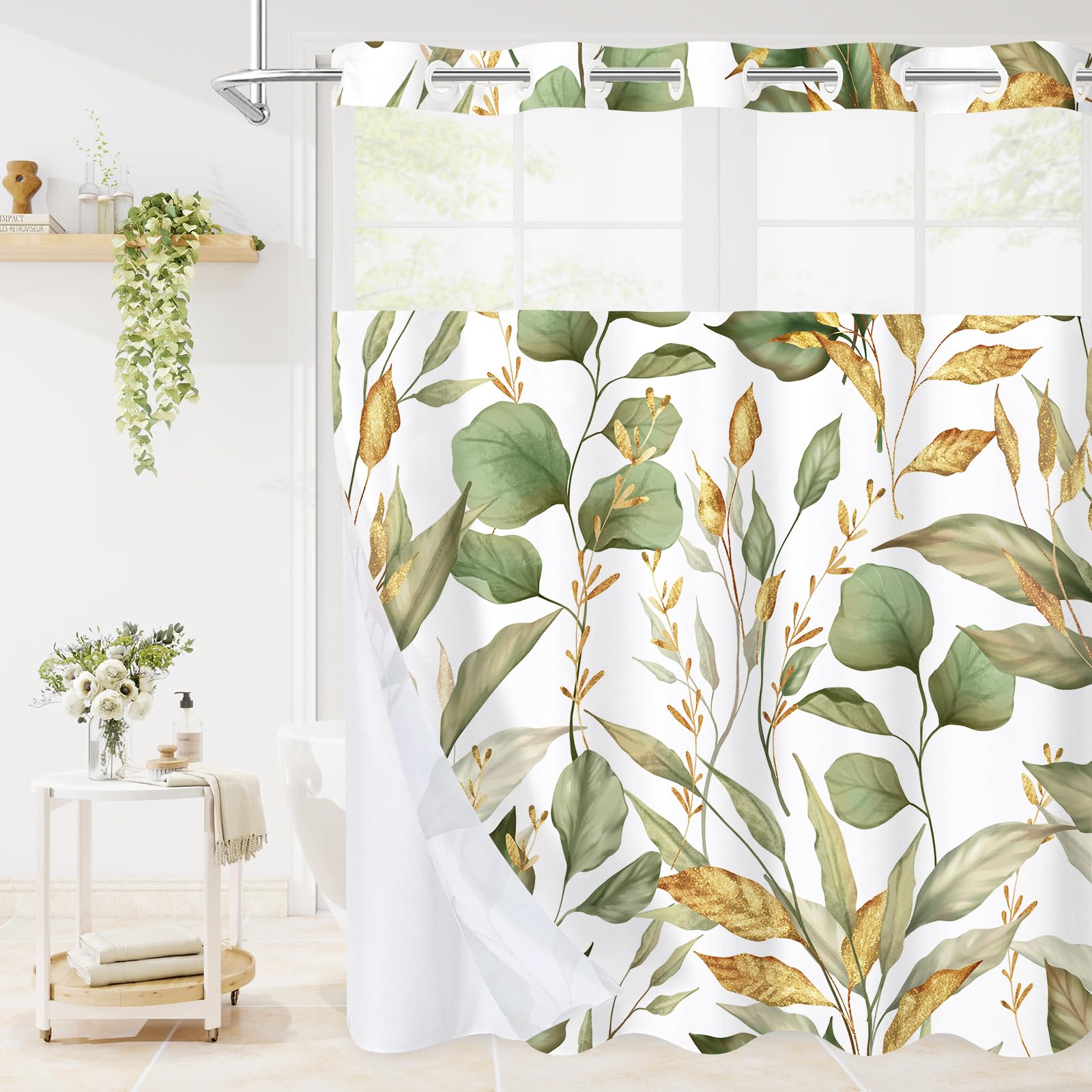 Litabel No Hooks Green Gold Plant Leaves Shower Curtain Set with Snap-in Liner, Hotel Tropical Floral Art Printed Double Layer Fabric, Modern Style
