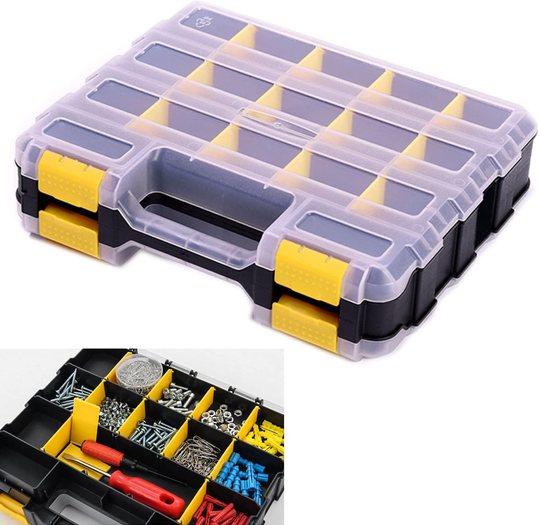 Tools Organizer Box Small Parts Storage Box 34-Compartment Double Side Hardware Organizers with Removable Plastic Dividers for Screws, Nuts, Nails, Bolts