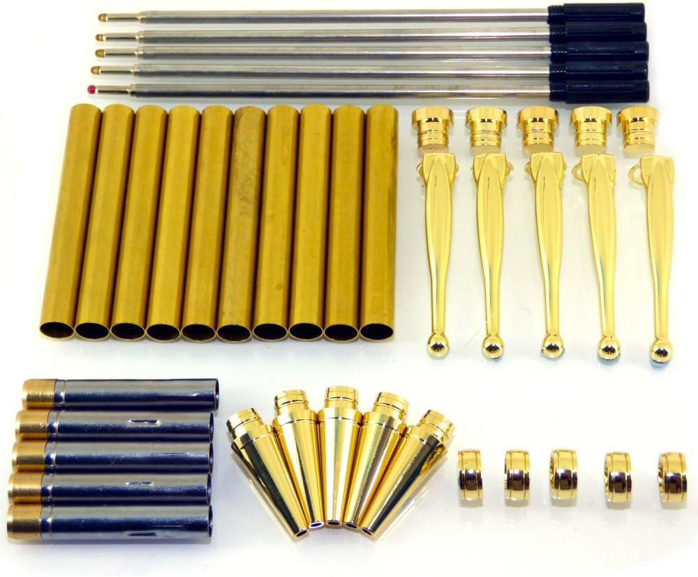Woodturning Fancy Slimline Pen Kit Set x 5, Gold Finish, Twist Mechanism