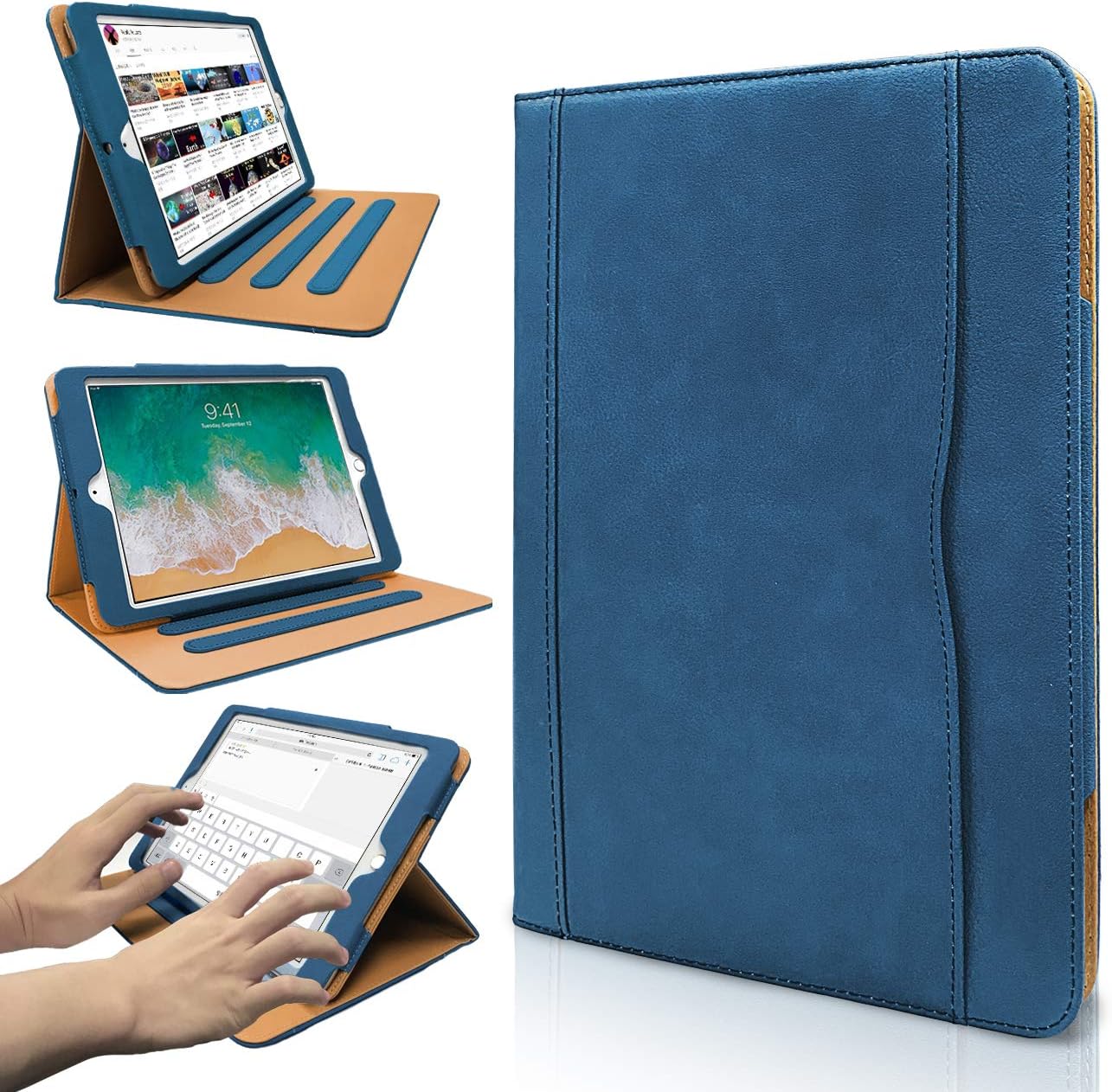 Hansong iPad 9.7 2017/2018 case - Leather Multiple Card Pocket Stand Case with Auto Sleep/Wake Up Viewing Angles Stand Folio Design for Apple iPad 9.7 inch 2017/2018 Air/Air 2 - Navy