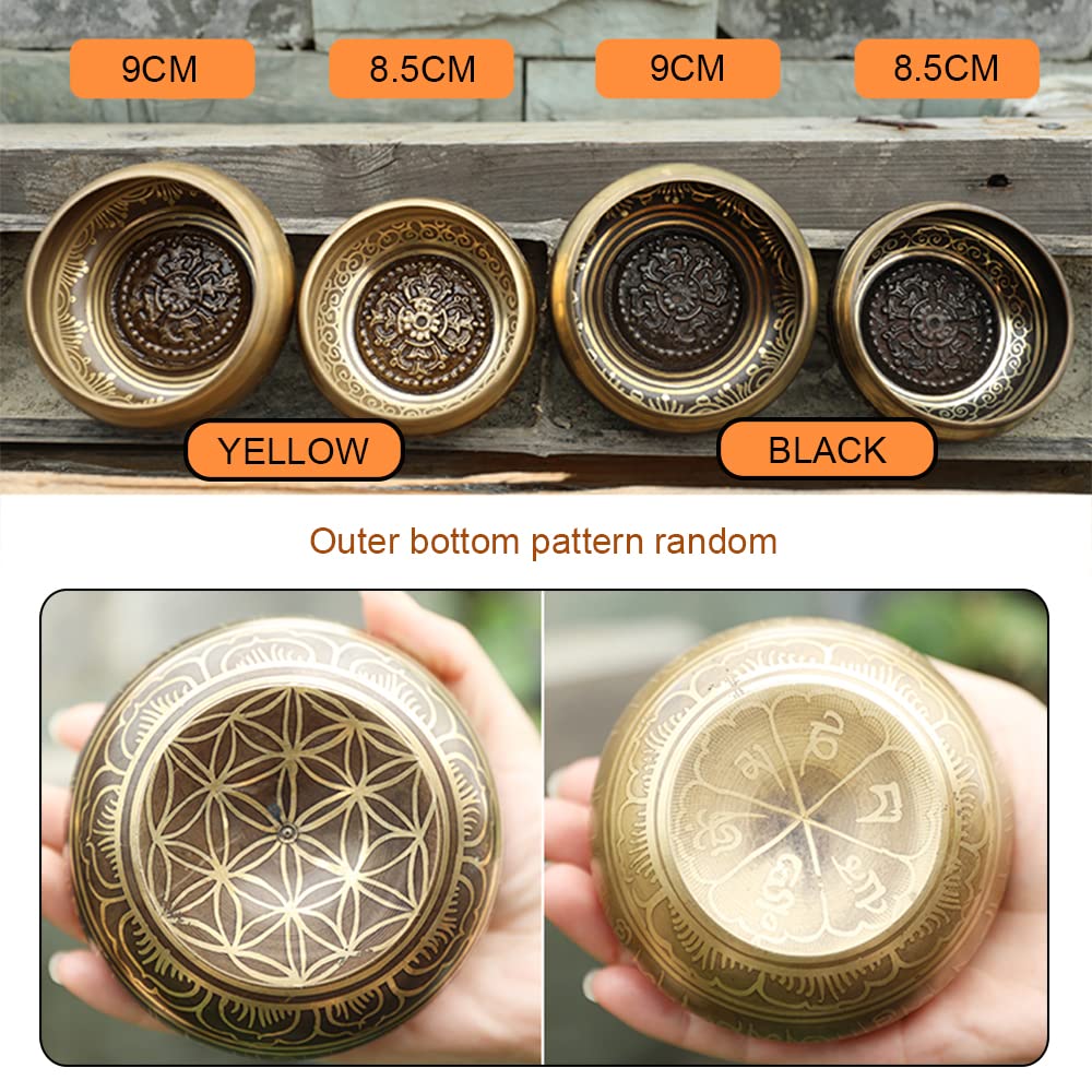 Nepalesische handgefertigte Buddha-Klangschale mit tibetischem Instrumentenmuster innen, klarer Klang, geeignet für Yoga, Meditation (Gelb, 8,5 cm)