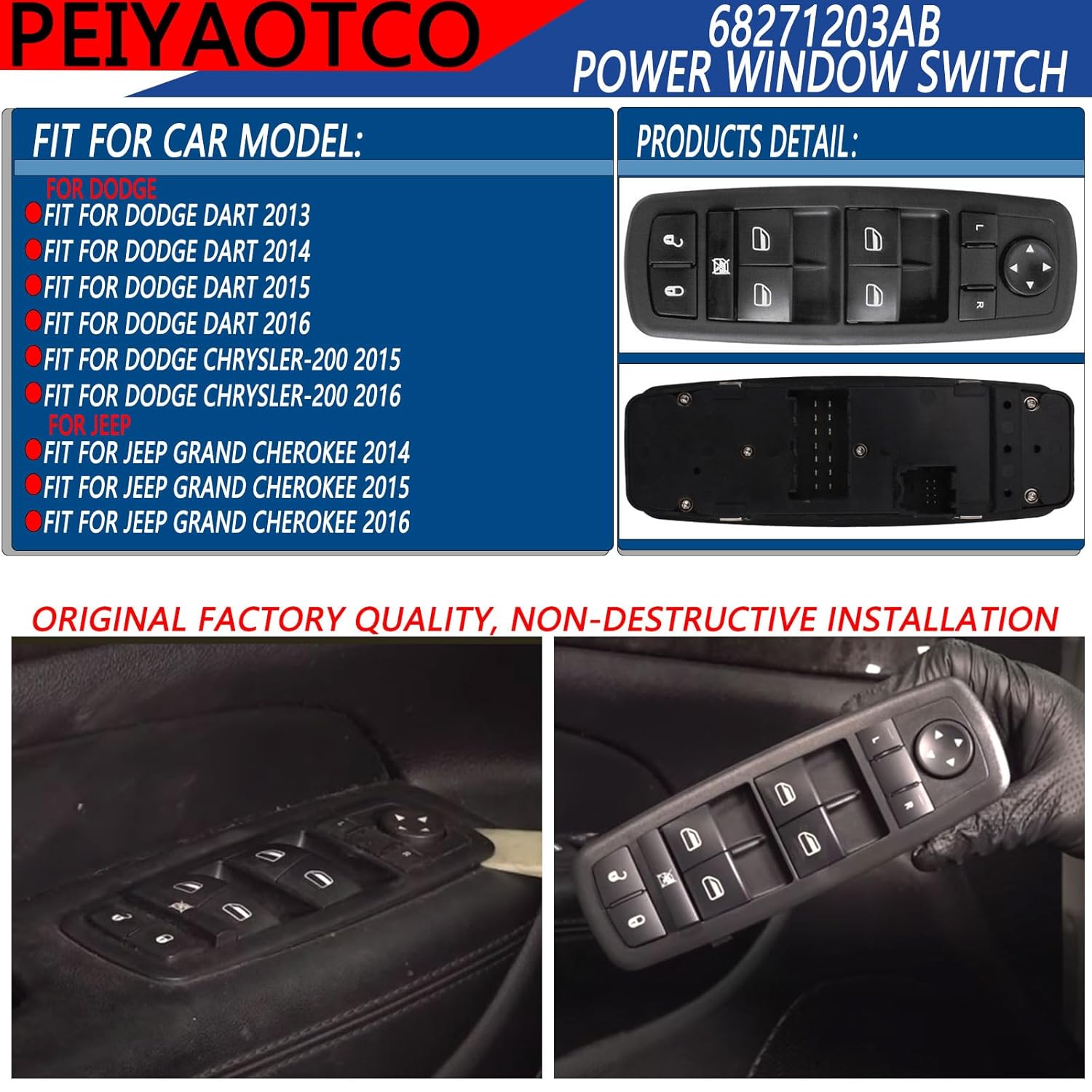 Power Window Switch Driver Side,Fits for 2013-2016 Dodge Dart Fits for 2015 2016 Dodge CHRYSLER-200 Fit for 2014-2016 Jeep Grand Cherokee,13+8 Pins OE#68271203AB 68271203AA 56046568AC