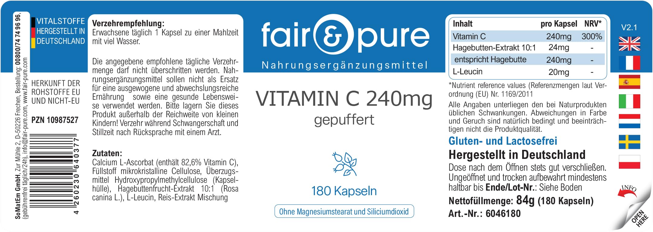 Fair & Pure® - Vitamina C tamponata - Buffered Vitamin C 240mg - Vegan - 180 Capsule (Confezione da 2)