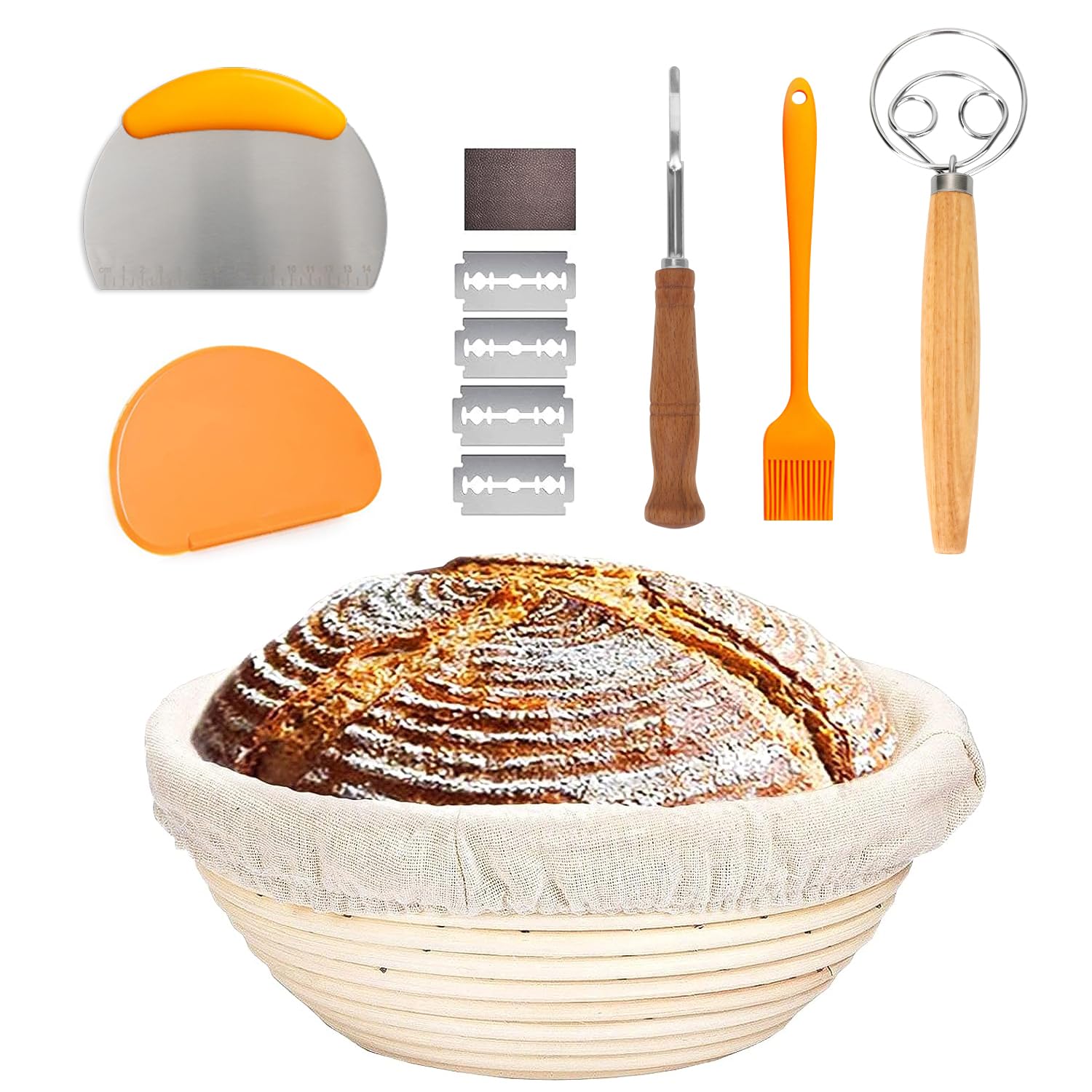Bread Proofing Basket, 9 Inch Large Banneton Bread Proofing Basket, Round Bread Lame, Proofing Basket Kit with Dough Scraper, Linen Liner Cloth, Dough Whisk, Silicone Brush