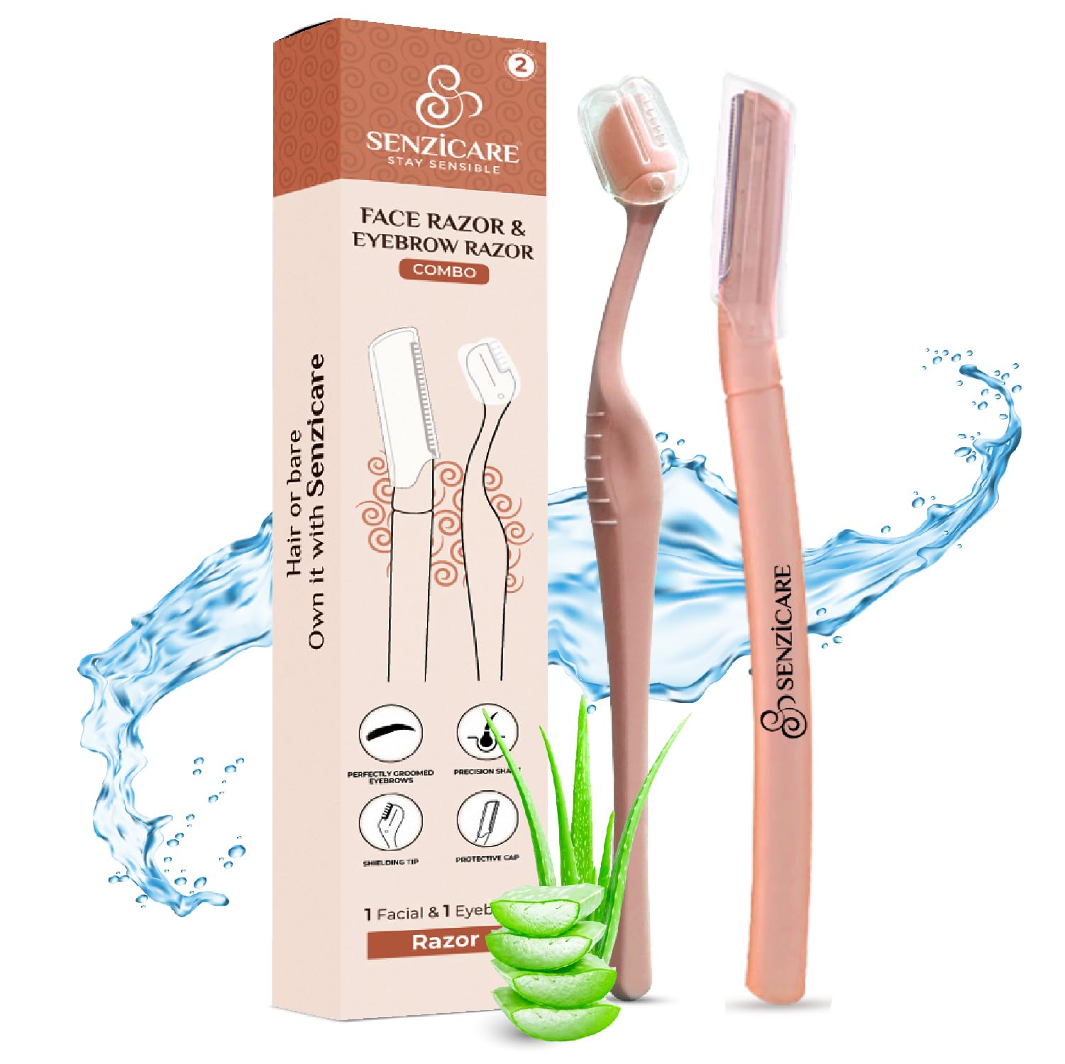 Senzicare Face Razor for Women, Facial Hair Remover & Eyebrow Trimmer Combo | Peach Fuzz, Upper Lip, Forehead & Sideburn Hair Removal | Dermaplaning Tool | 1 Face Razor + 1 Eyebrow Trimmer
