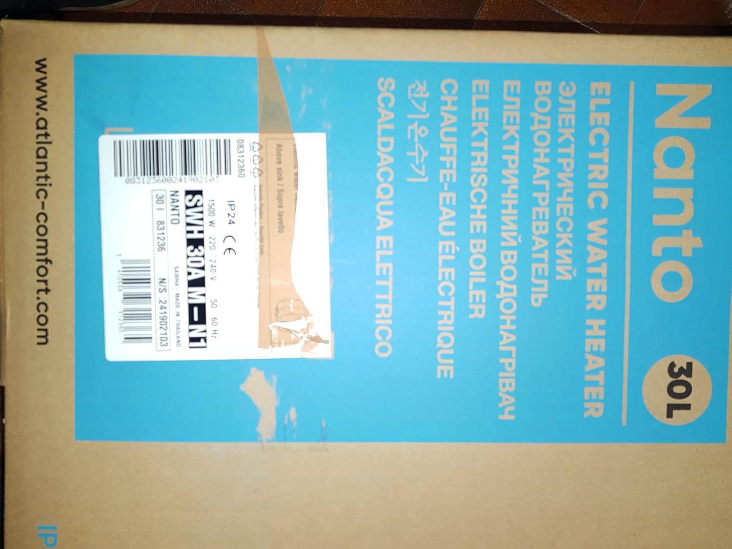 Packaging of Atlantic Nanto 30L electric water heater showing product details and branding.