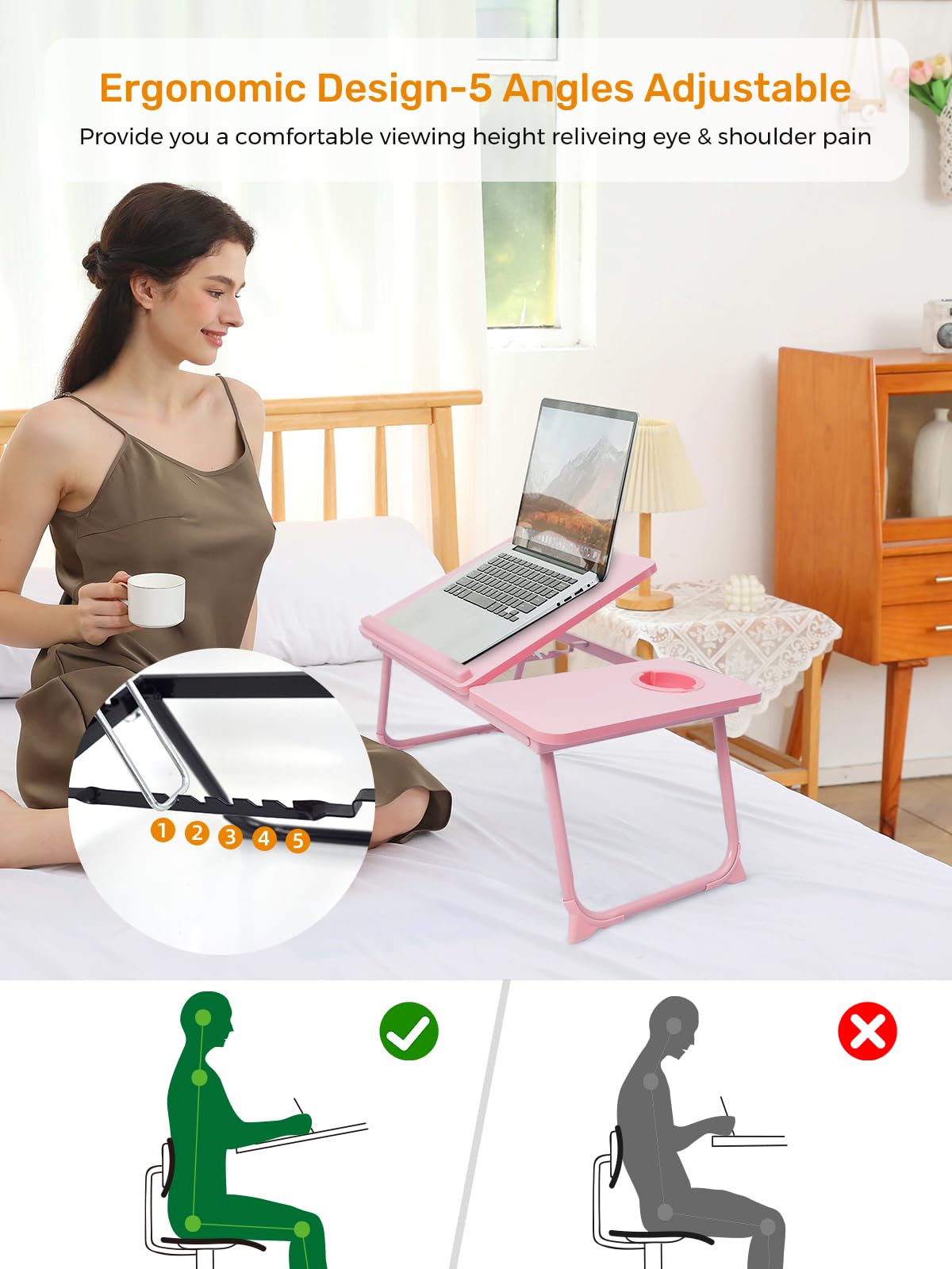 Scrivania per divano/divano/pavimento, scrivania da letto regolabile a 5 angoli con gambe pieghevoli e portabicchieri, tavolino leggero per scrivere/mangiare/leggere, supporto portatile per laptop per