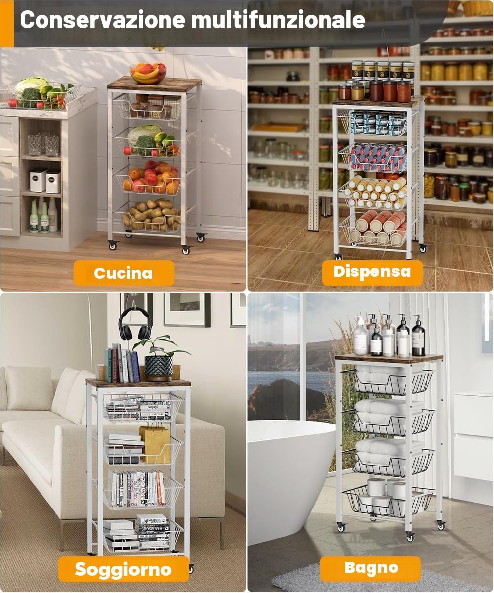 Garbuildman Carrello portaoggetti da cucina a 5 ripiani con cestini estraibili, organizer per frutta e verdura con piano in legno e supporto per banane, per dispensa, soggiorno, bagno, bianco