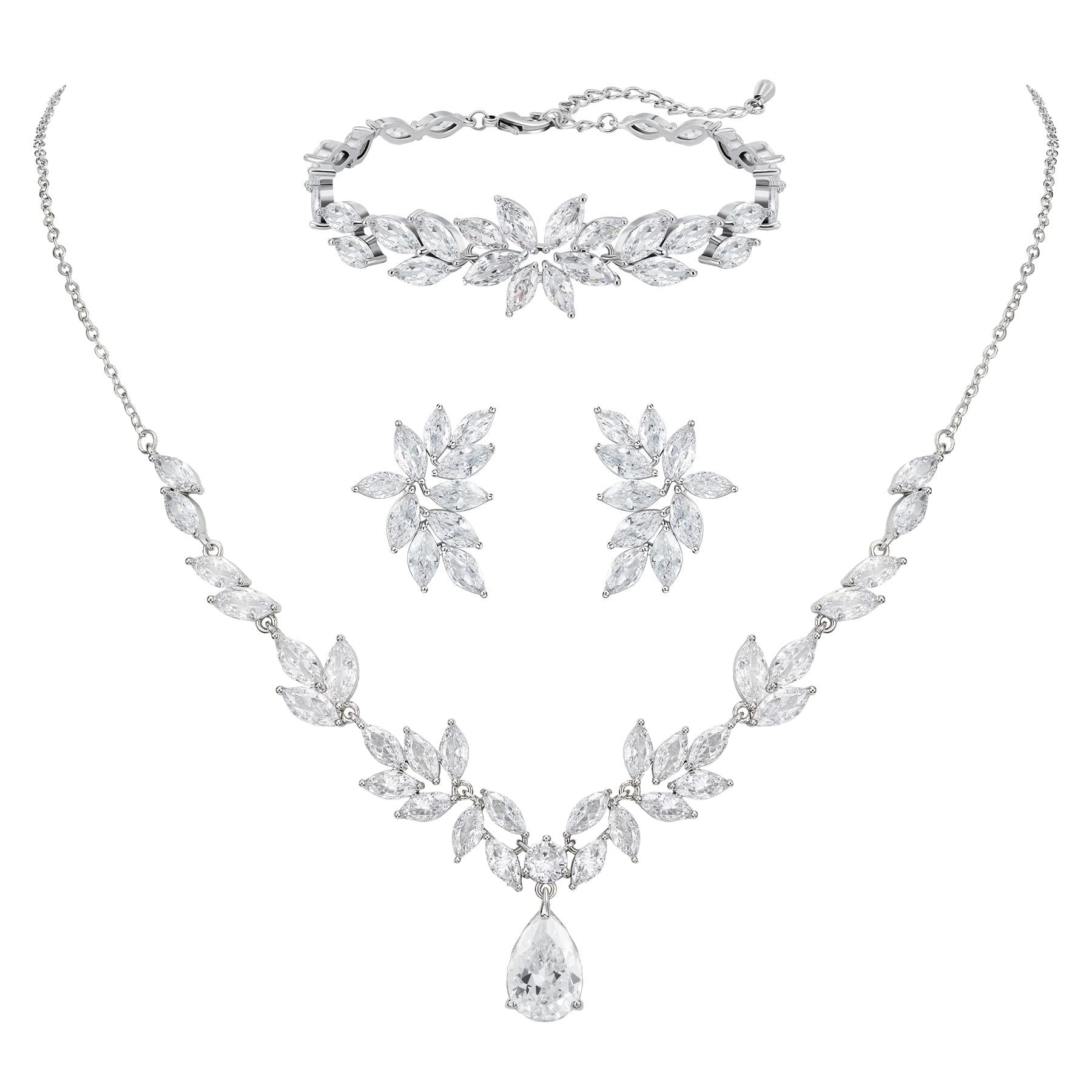SWEETV Silver Bridal Jewelry Set for Wedding, Marquise Cubic Zirconia Silver Necklace Earrings Bracelet Set for Women, Wedding Prom Jewelry for Bride Bridesmaid (B0D8T5JSBX) Amazon Price History, Amazon Price Tracker