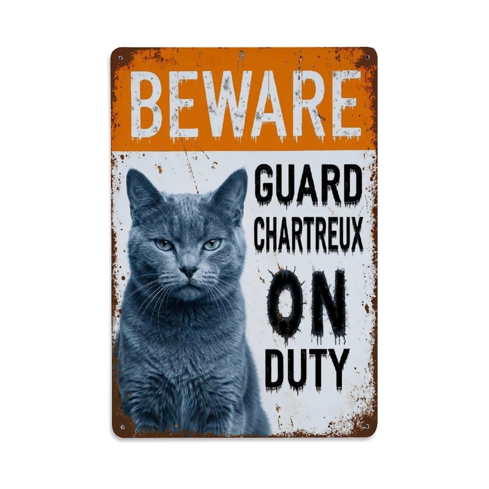 Vintage Funny Chartreux Guard Beware of Cat Kennel Metal Tin Sign Plaque Wall Decor for Cafe, Club Bar, Office, Garden Metal Poster 8x12Inch