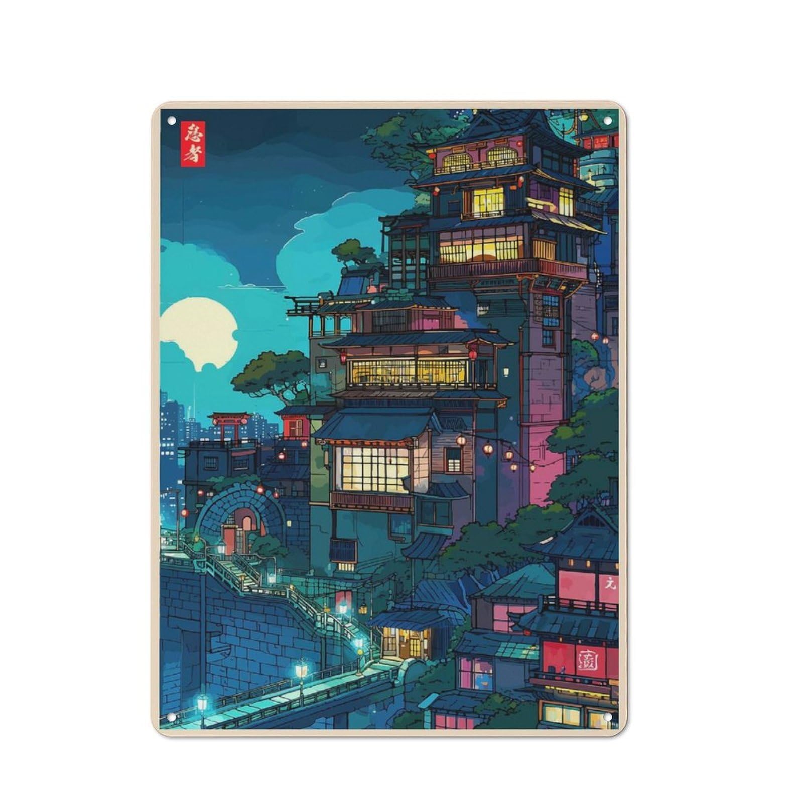 Junmoney Japanese Town At Night Digital Art Decorative Tin Sign With Design 40X30cm, Nostalgic Old Style Wall Plaque For Living Room, Hallway, Kitchen Or Cafe