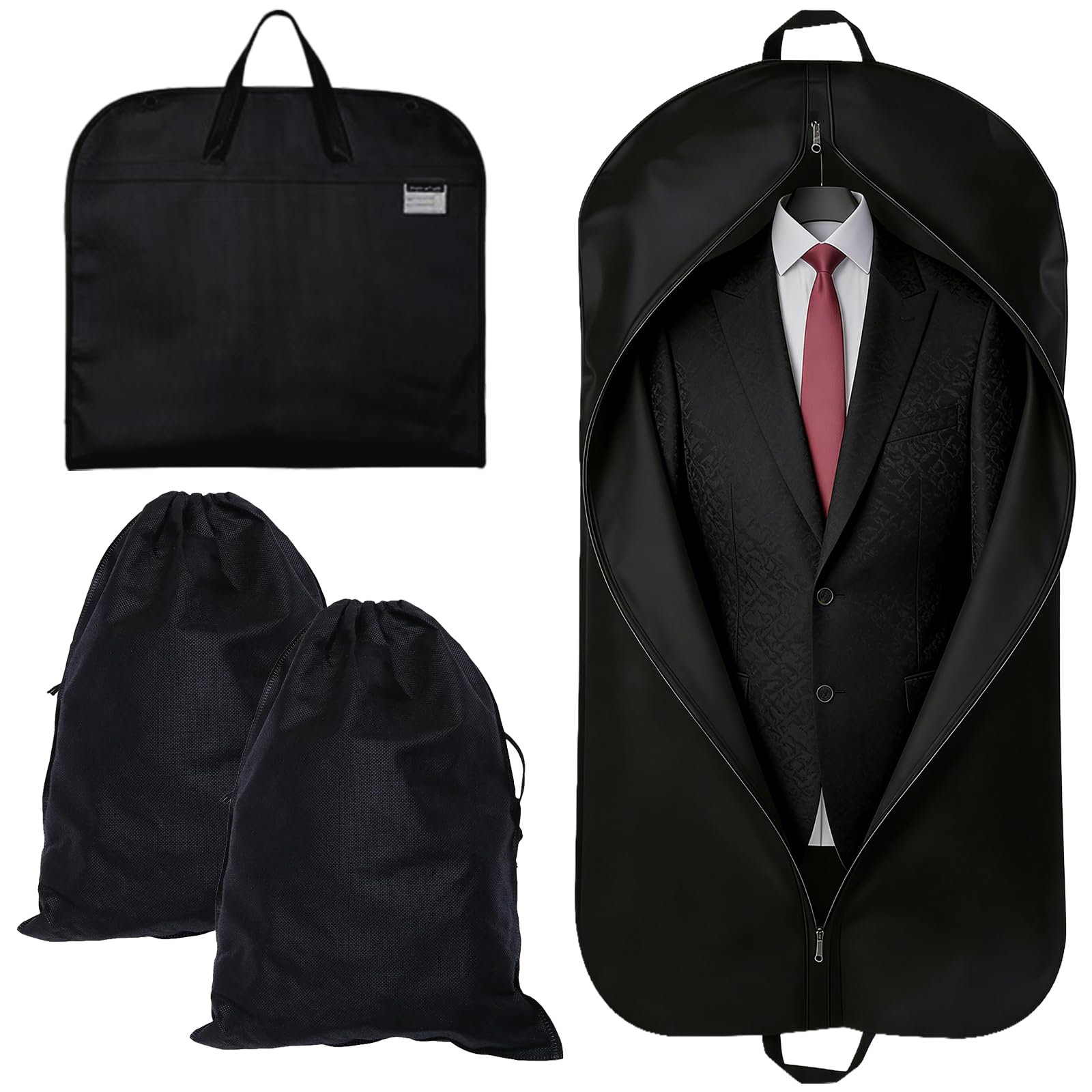 3PCS Suit Bags for Men Set, Suit Carrier, 60x120CM, Includes 2 Shoe Bags. Designed for Storing Jackets, Shirts, Evening Gowns, and Suits. Ideal for Travel and Business Use. (Black）
