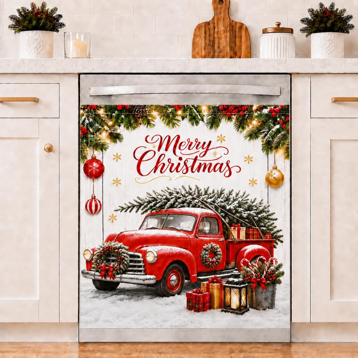 Christmas Vintage Dishwasher Magnet Cover Xmas Red Truck Kitchen Home Decor