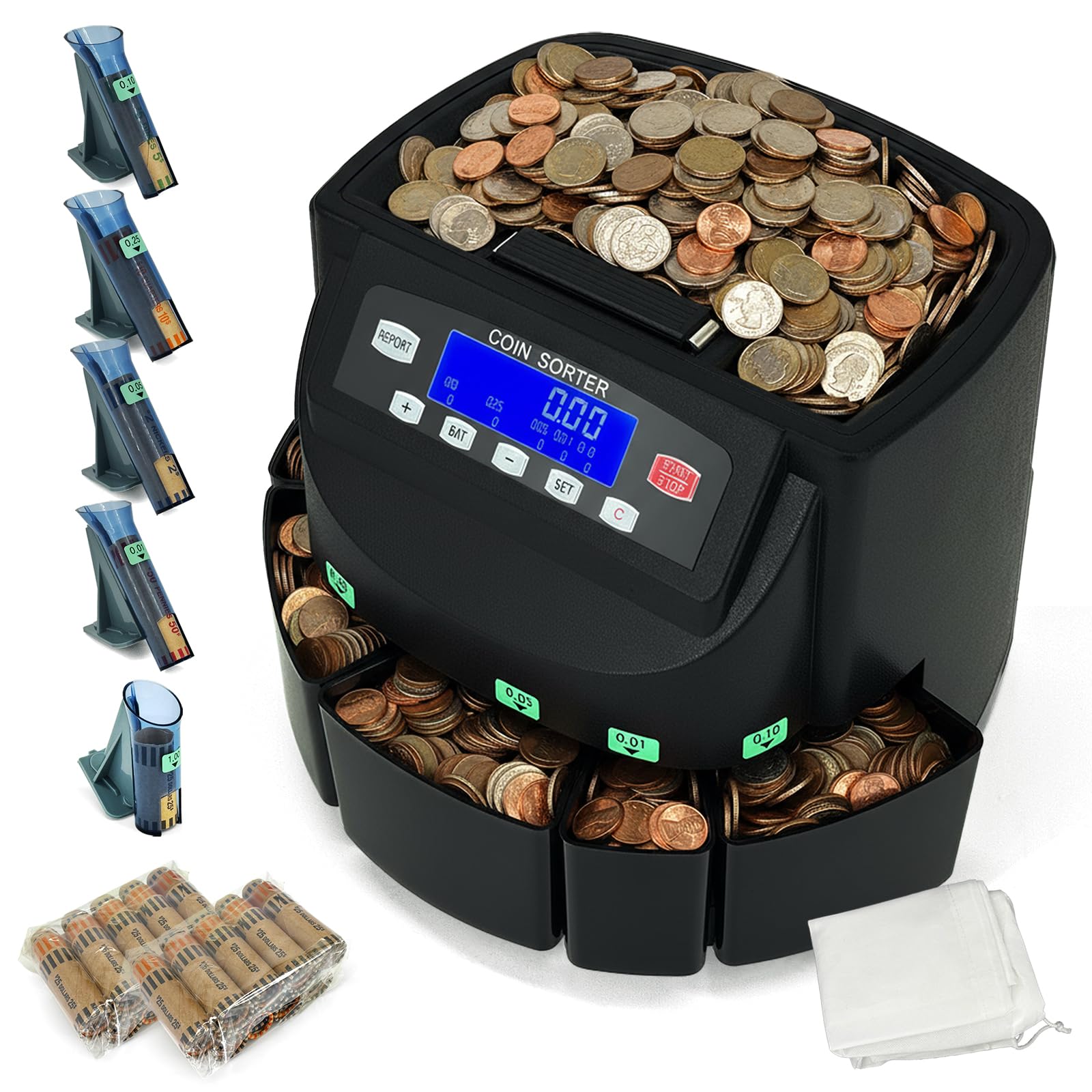 USD Coin Counter Machine with LCD Display,Coin Sorter and Wrapper Machine,Sorts 1￠5￠10￠25￠$1 up to 300 Coins/min,2000-coin Capacity,Business Grade,5 Bins&amp;5 Tubes,Automatic Wrapper (Matte Black)