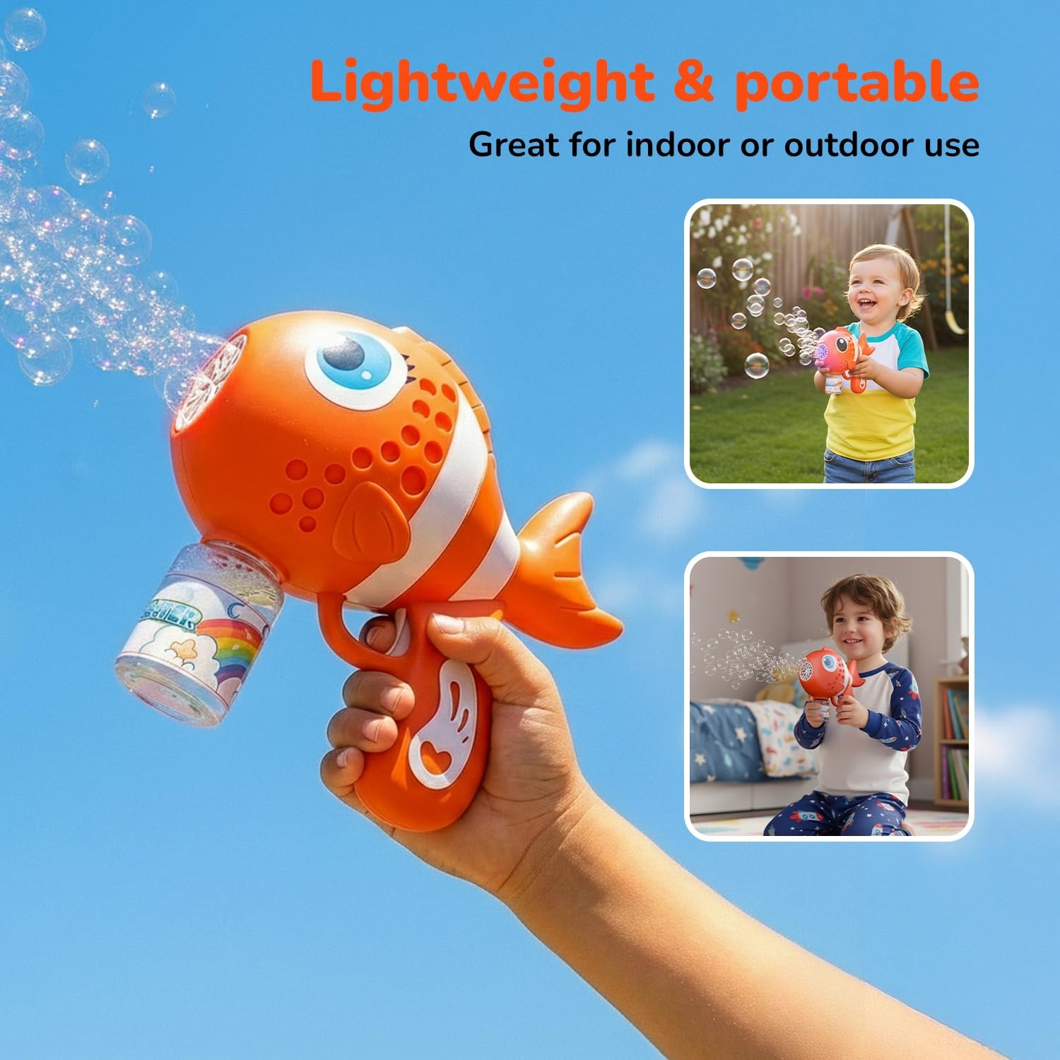 Lifelong Cuppy Rechargeable Clown Fish Automatic Bubble Gun Toy for Kids with Lights, Electric Bubble Machine, 2 Bubble Solutions, Long Fun Time, Type C Charging (Orange, LLCFBG01)