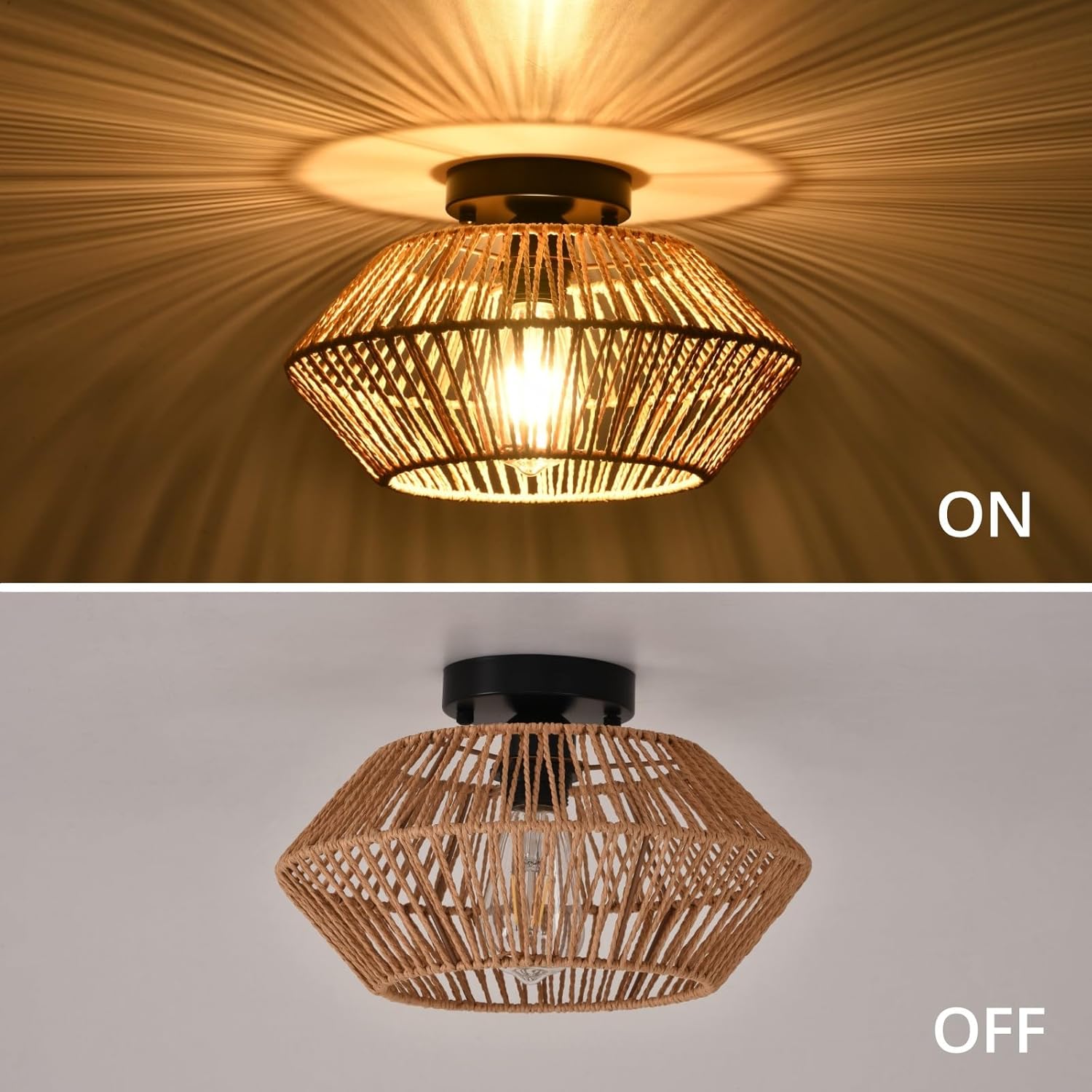 Rattan Ceiling Light, Boho Semi Flush Mount Ceiling Lighting Fixtures Hand-Woven Hemp Rope Cage Rustic Ceiling Lamp for Bedroom Kitchen Hallway Farmhouse (Brown)