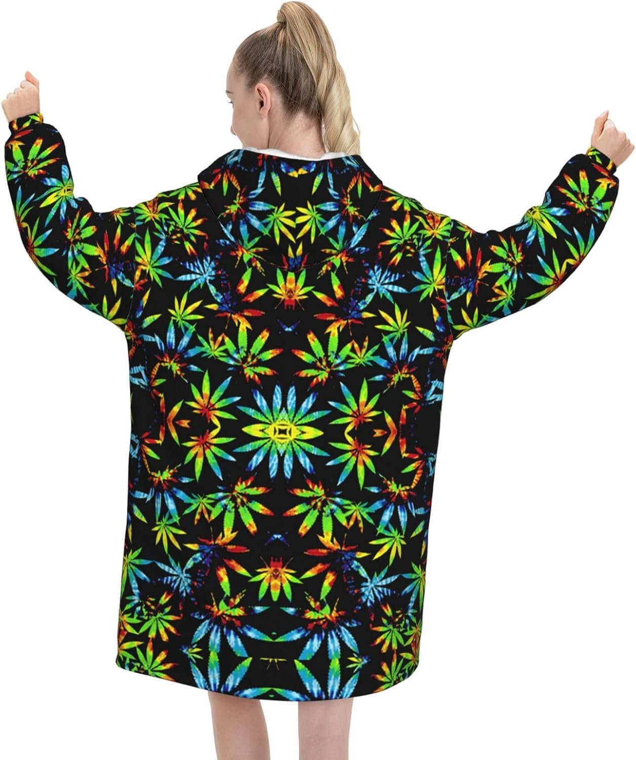 Oversized Flannel Wearable Blanket Hoodie For Adult Tie-Dye-Pot-Leaf-Weeds Soft Fuzzy Hooded Lounging Pullover