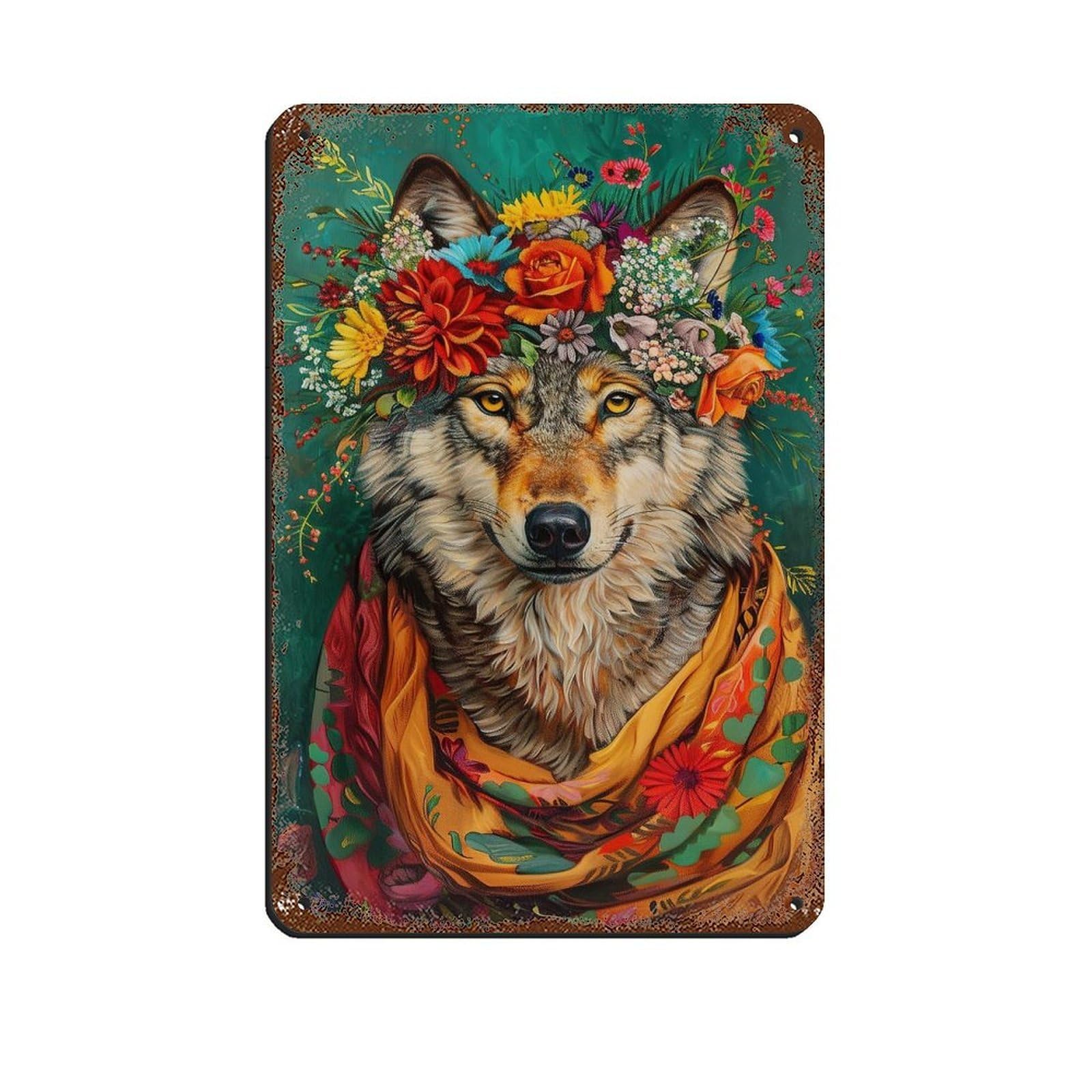 Vintage Maximalist Floral Wolf Painting Poster Retro Poster Metal Tin Sign Chic Art Retro Iron Painting Bar People Cave Cafe Family Garage Poster Wall Decoration 8x12inch(20x30cm)
