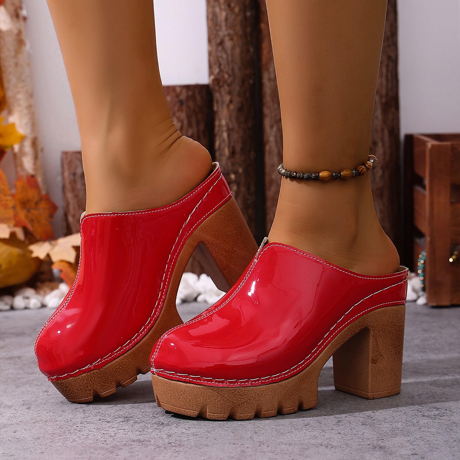 Generisch Zoccoli da donna chiusi, in pelle, con tacco a blocco, plateau | Sandali, eleganti sandali con tacco, antiscivolo, in legno, comodi, impermeabili, scarpe da giardino per giardino e spiaggia