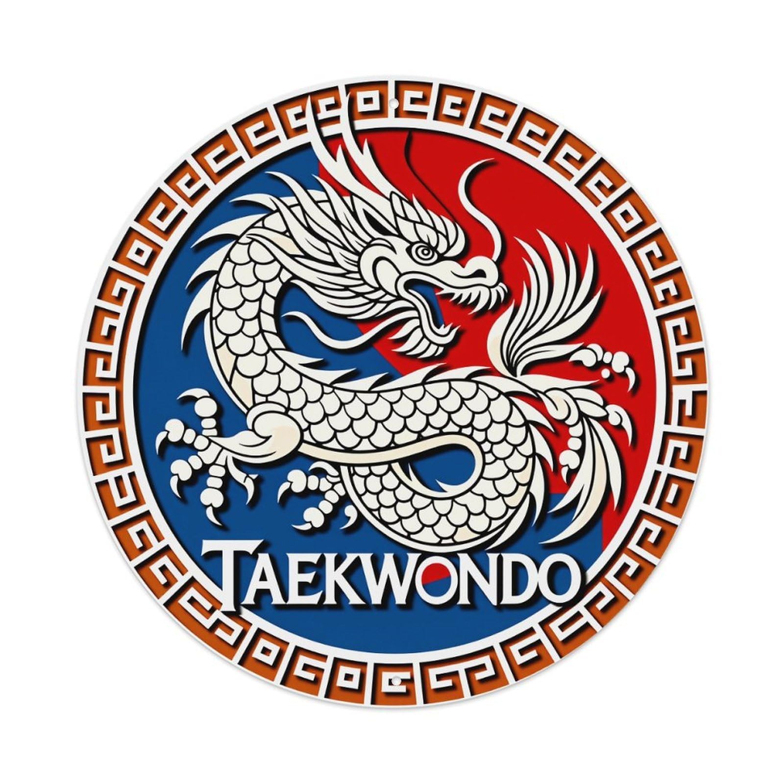Wmlzdnwr Vintage Dragon Design With Red Blue Background And Taekwondo Text Round Tin Sign,Retro Wall Art,Metal Poster For Home, Bar, Garage, Cafe, Rustic Indoor & Outdoor Decor, 8X8 Inches
