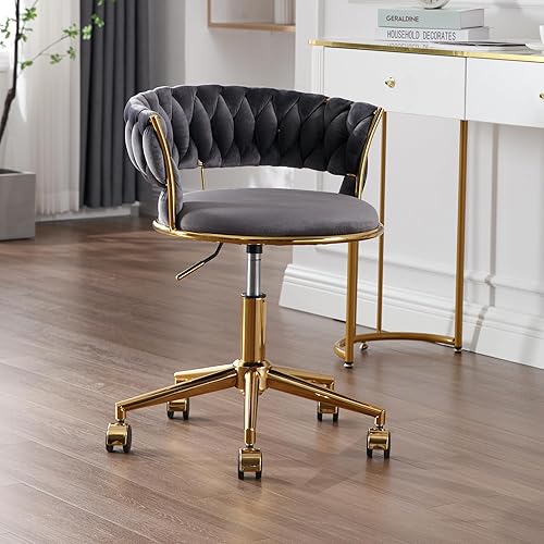 Miniatura 2 de GOOLON Silla de escritorio de terciopelo, moderna silla de oficina con ruedas, sillón giratorio para el hogar con respaldo tejido, asiento cómodo de
