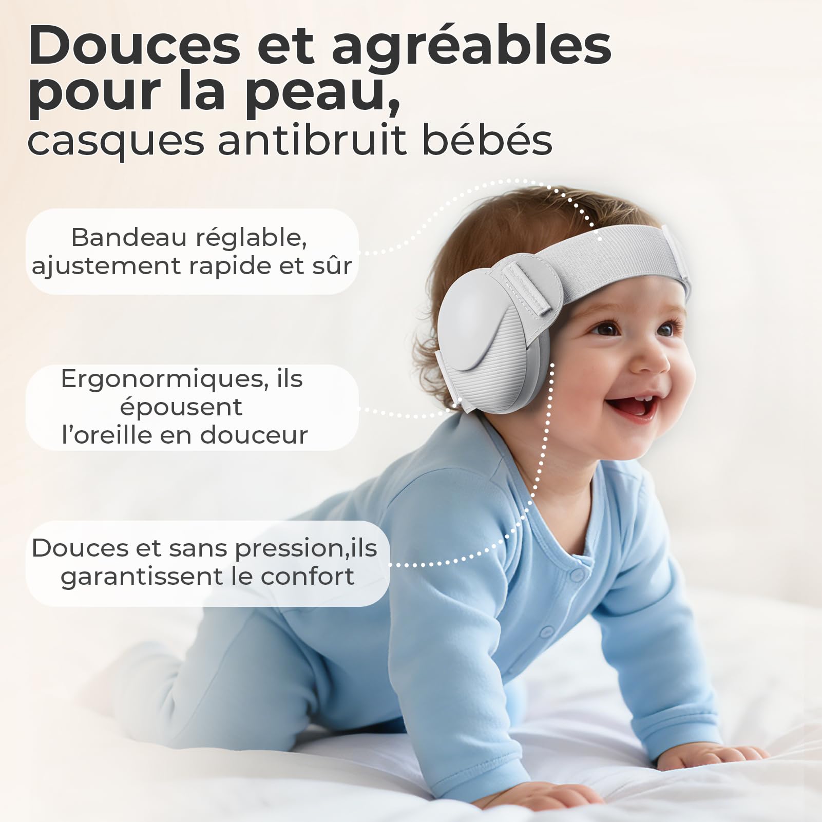 Casque Anti Bruit pour Bébés, Protection Auditive pour Enfants de 0 à 48 Mois, Homologués CE & ANSI, 25dB Casques Réduction Bruit Bebe pour le Sommeil et les Voyages en Avion - Gris