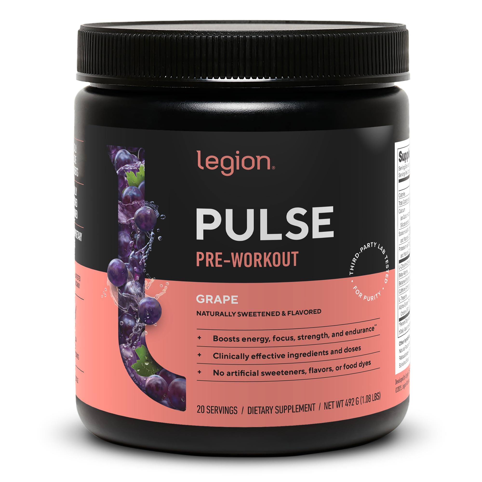 LEGION Pulse Pre Workout Supplement - All Natural Nitric Oxide Preworkout Drink to Boost Energy, Creatine Free, Naturally Sweetened, Beta Alanine, Citrulline, Alpha GPC (Grape)