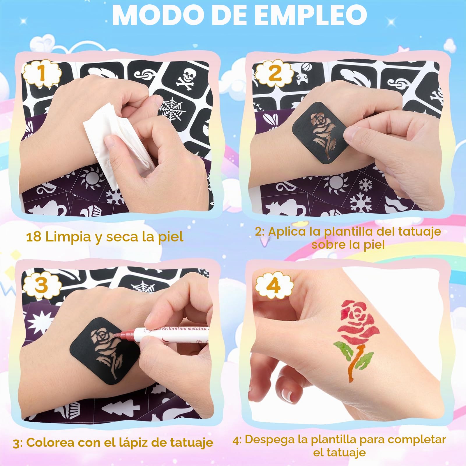 Rotuladores Tatuajes Niños, Kit Tatuajes Temporales Niños con 10 Rotuladores Purpurina y 72 Tatuajes Plantillas, Rotuladore Doble Punta Lavables, para Carnaval Halloween Cumpleaños