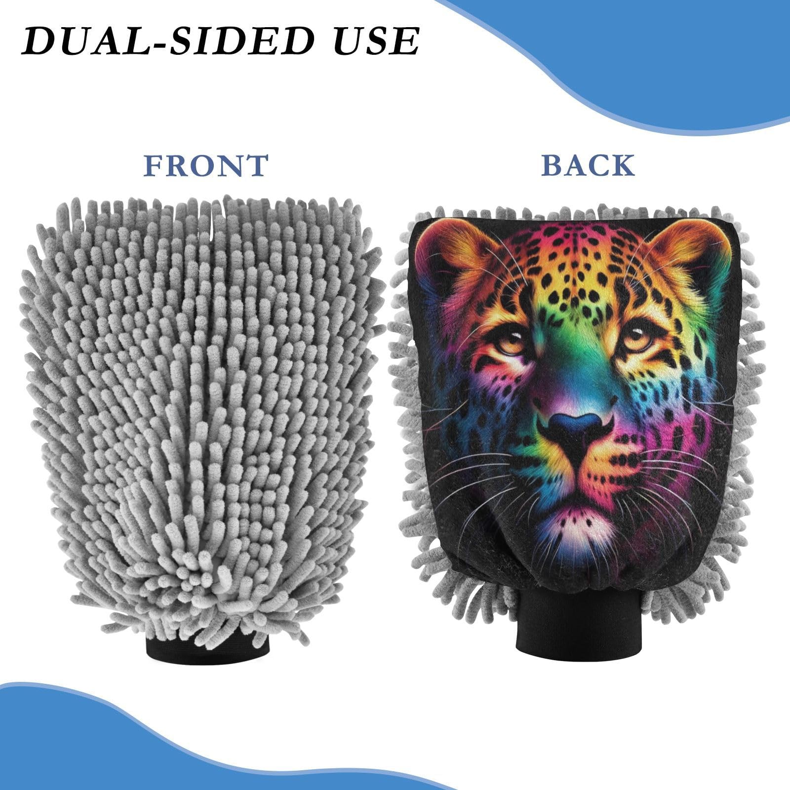 ALAZA Leopard Portrait Rainbow Color Car Wash Mitt Scratch Free, 2 Pack Absorbent Microfiber/Chenille Washing & Drying Mitts, L