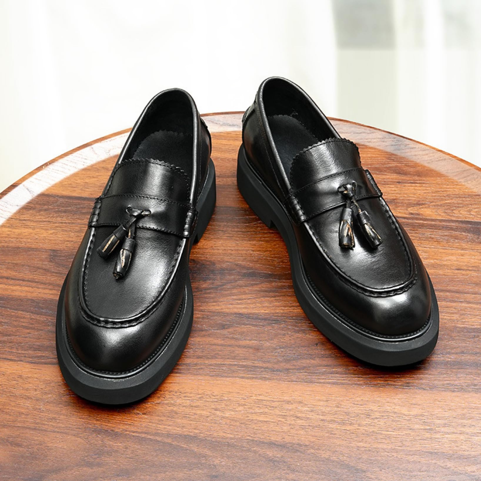 Genérico Mocasines Hombre Sin Cordones Cómodos Zapatos De Vestir De Negocios Punta Redonda con Plataforma Y Tacón Bloque Mocasines con Borlas para Conducir