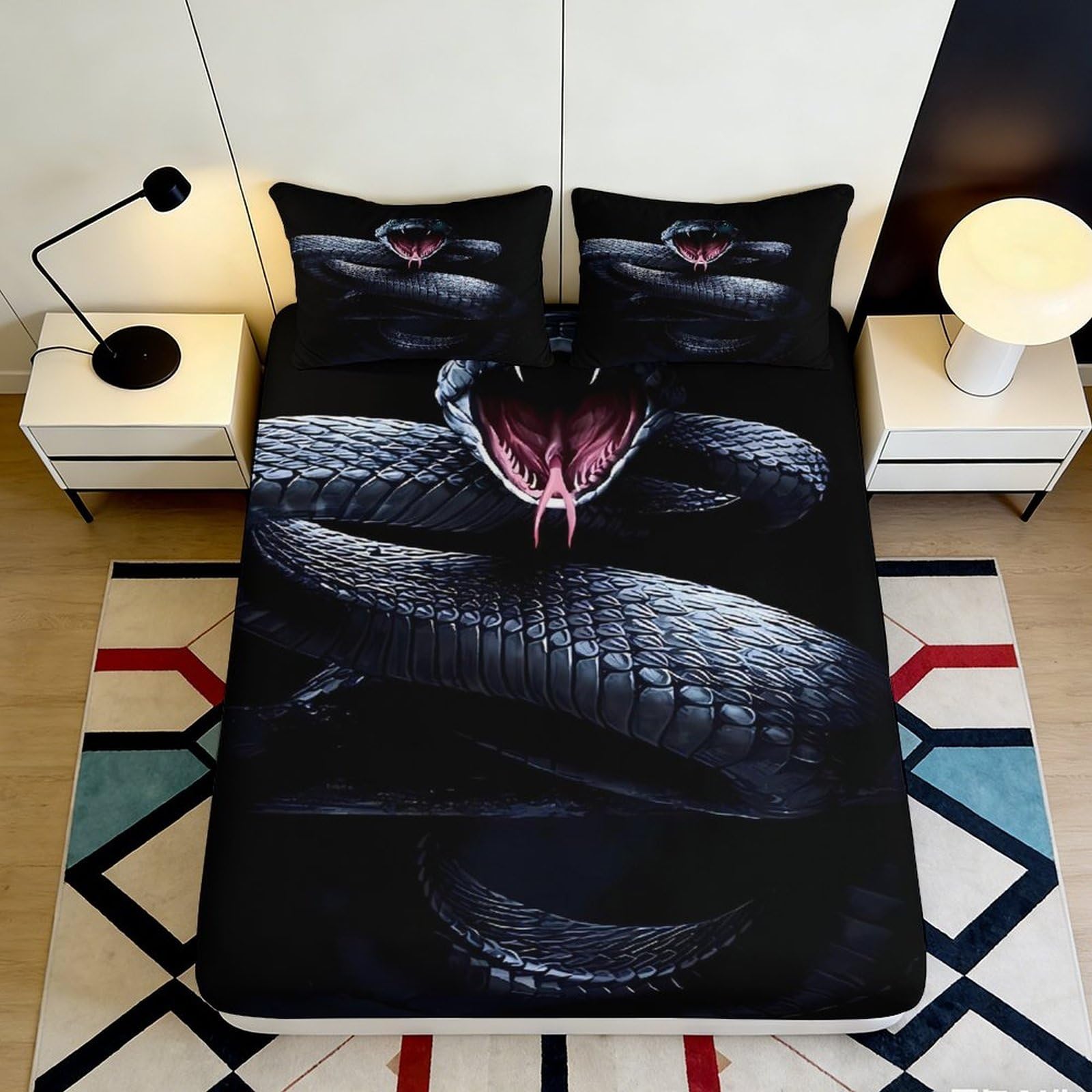 3D Printed Black Snake Fitted Sheet Microfiber Soft Bedroom Decor for Adults Teens Viper Pattern Bed Cover Mattress Protection 180x200x25cm